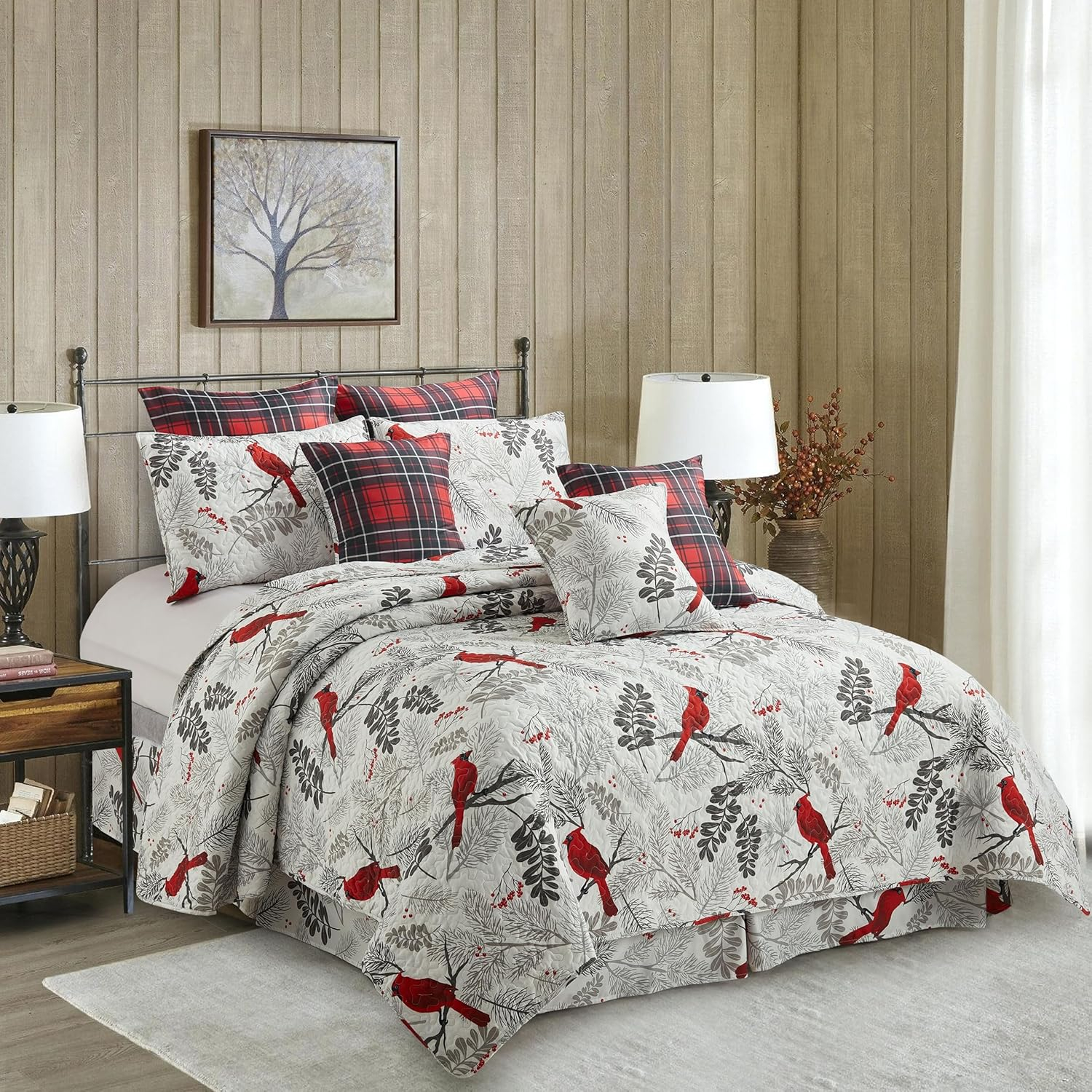 Virah Bella 3 Piece Full/Queen Lodge Quilt Bedding Set - Rustic Country Reversible Comforter Set with Decorative Pillow Shams - Cardinals