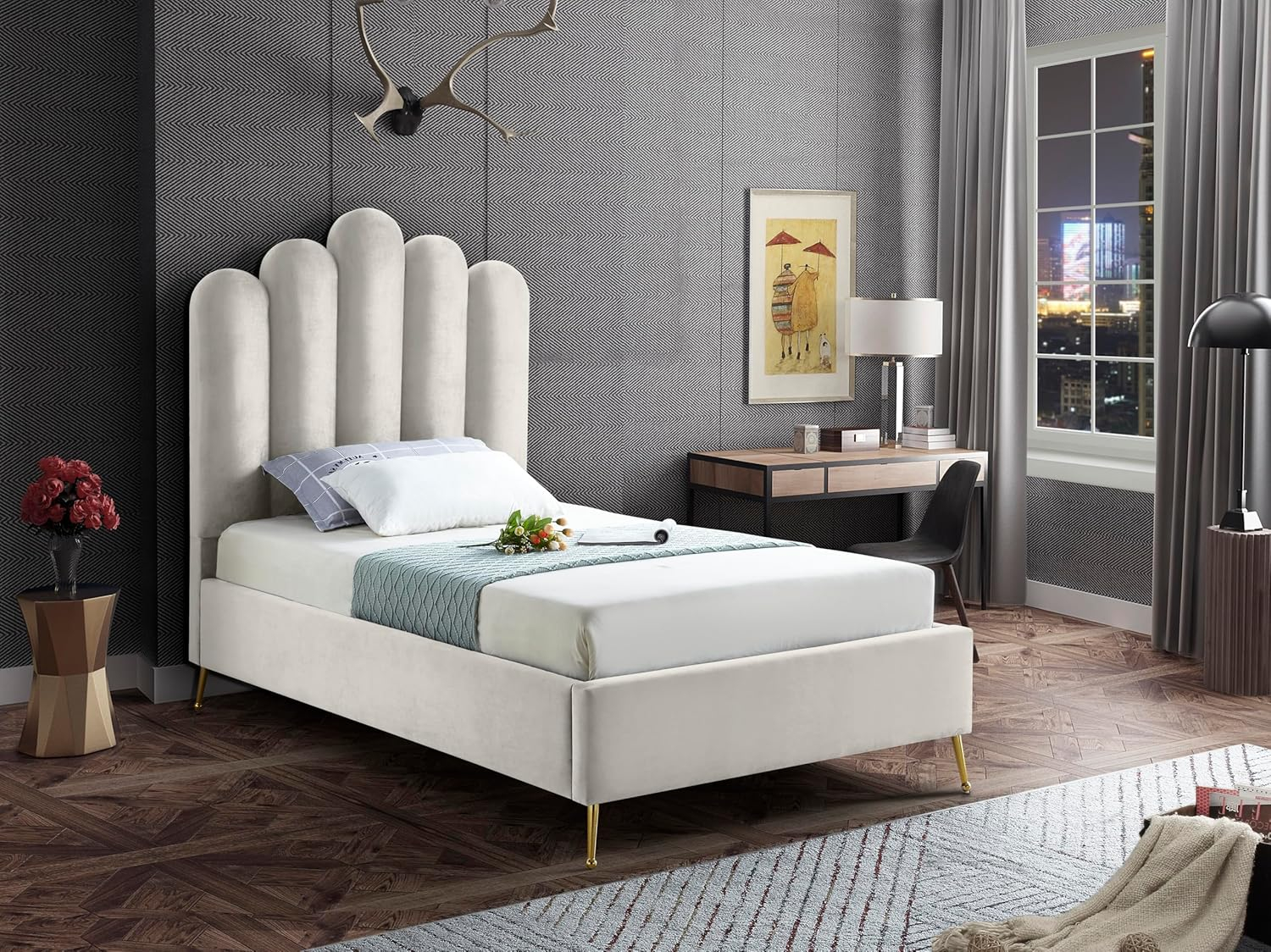 Meridian Furniture Lily Solid Wood and Tufted Velvet Twin Bed in Cream