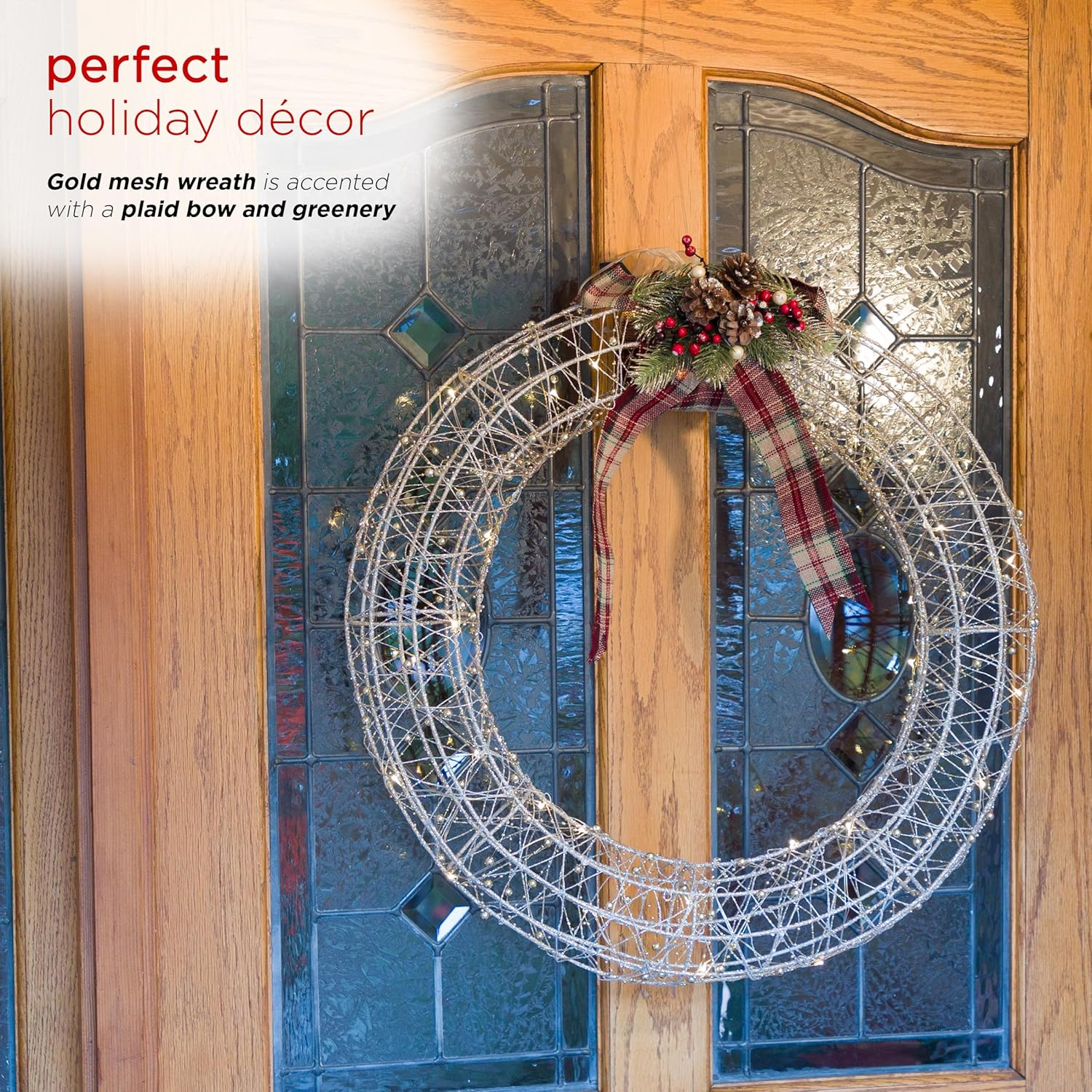 Hanging Christmas Wreath Decoration with Warm White LED Lights, Gold