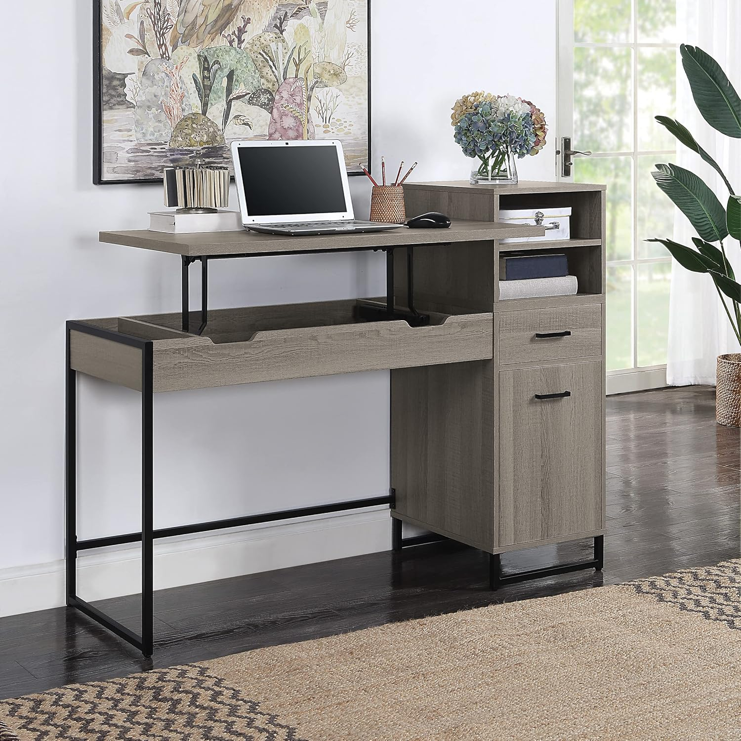 Hagney Lane Worksmart Sit-To-Stand Desk in Farm Oak Engineered Wood
