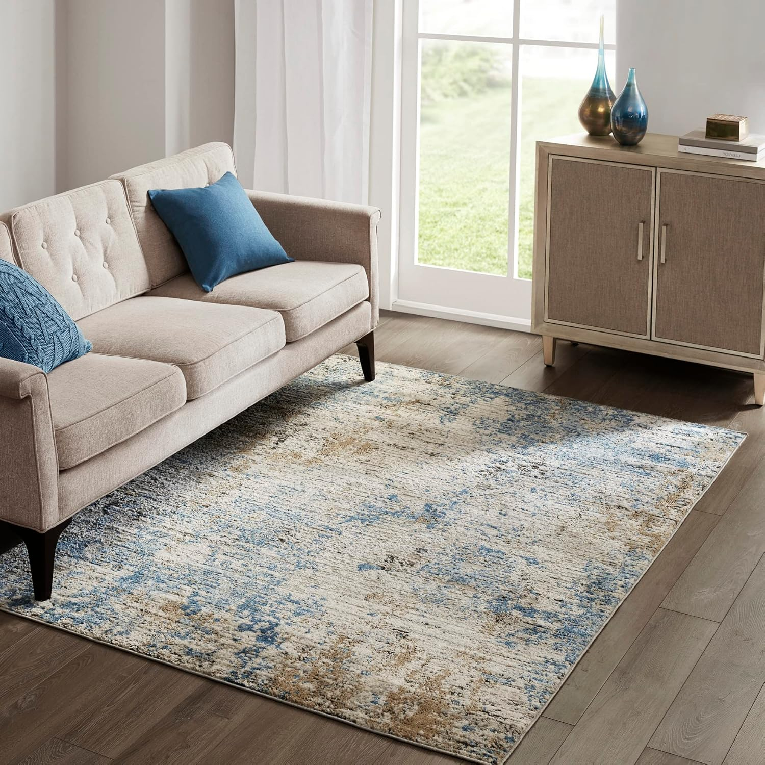 Blue Abstract 5' x 7' Stain-Resistant Synthetic Area Rug