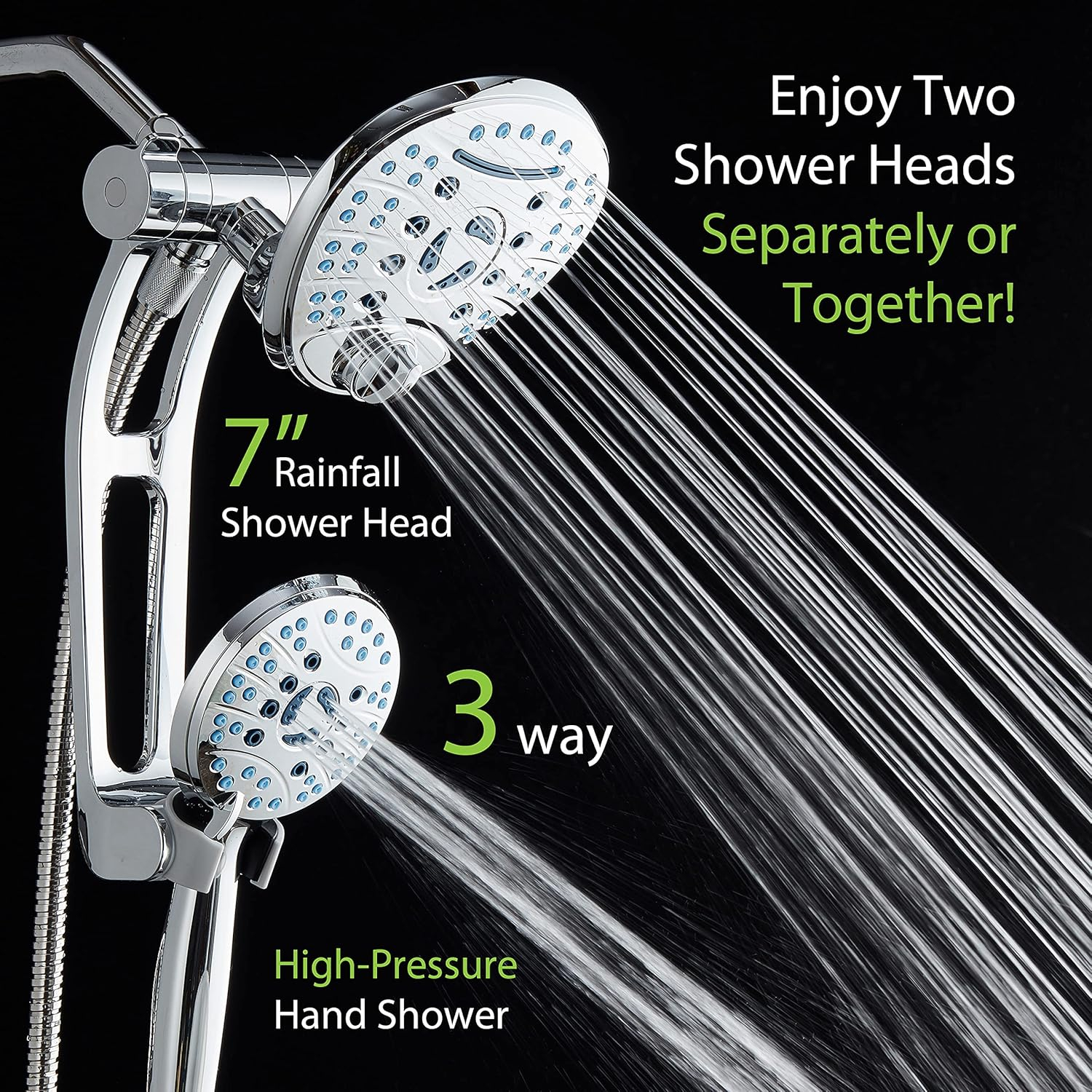 Hotel Spa AquaCare As-Seen-On-TV High Pressure Handheld/Rain 80-mode 3-way Shower Head Combo with Adjustable Arm - Anti-clog Nozzles, Tub & Pet Power Wash, 6 ft. Hose, All Chrome Finish