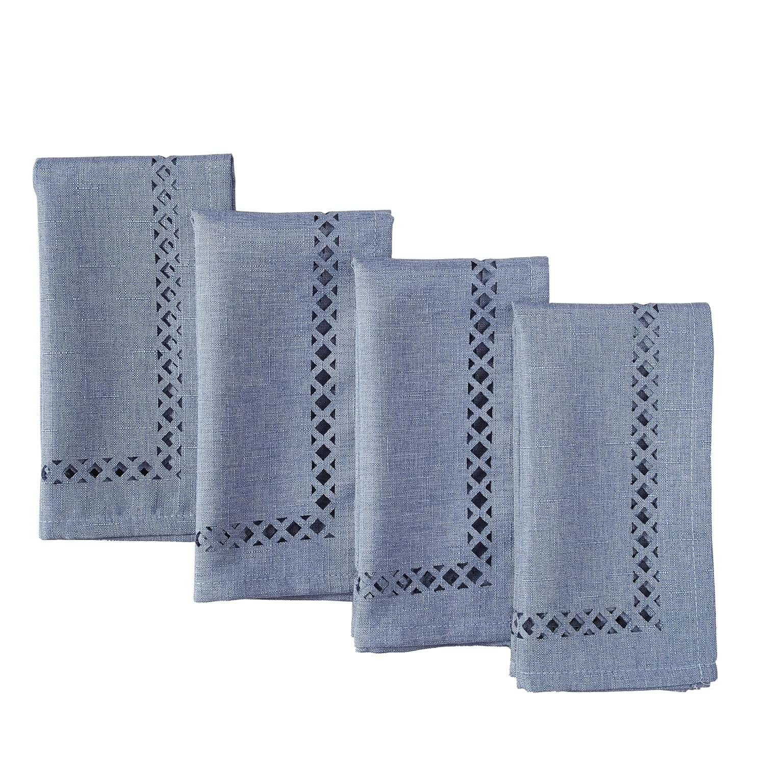 Wedgewood Blue Square Polyester Napkins Set with Lattice Cutwork