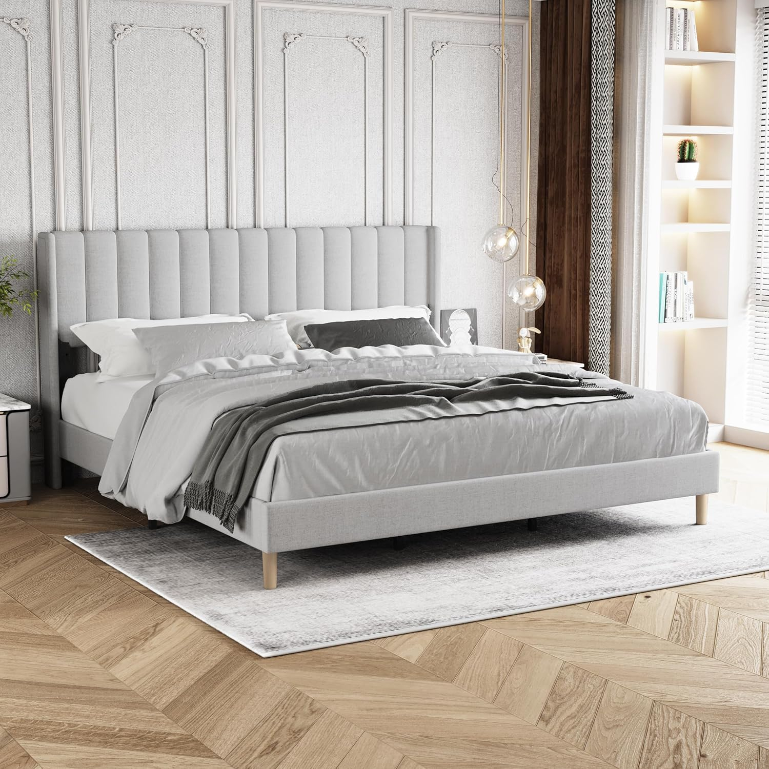 alazyhome Upholstered Platform King Size Bed Frame with Headboard Wooden Slats Support No Noise Easy Assembly Light Grey Linen