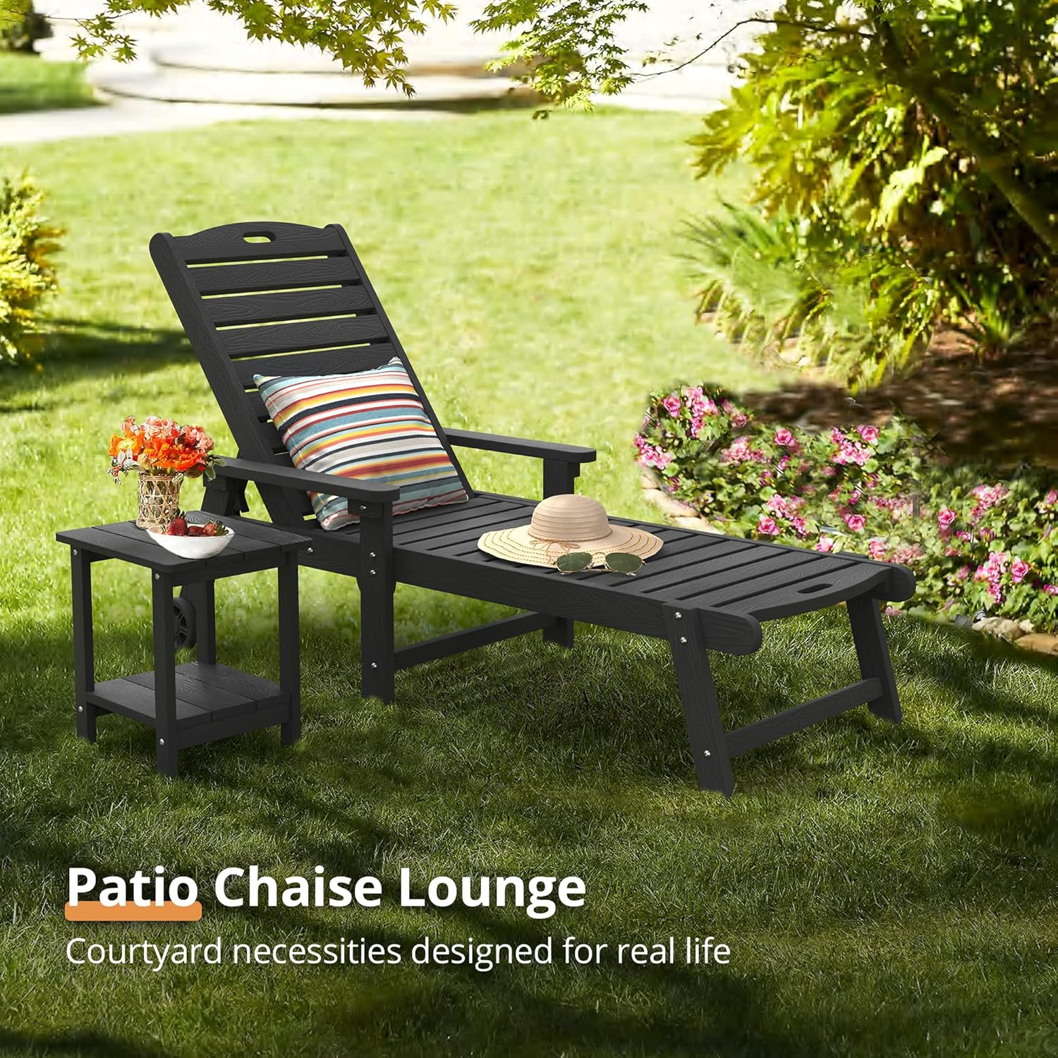 LUE BONA Outdoor Chaise Lounge Chairs Set of 4, 79'' Oversized HDPS Chaise Lounger, 5 Positions Adjustable Lounge Chairs, Pool Lounge Chair with Wheels for Poolside, 3 Year Warranty, Black