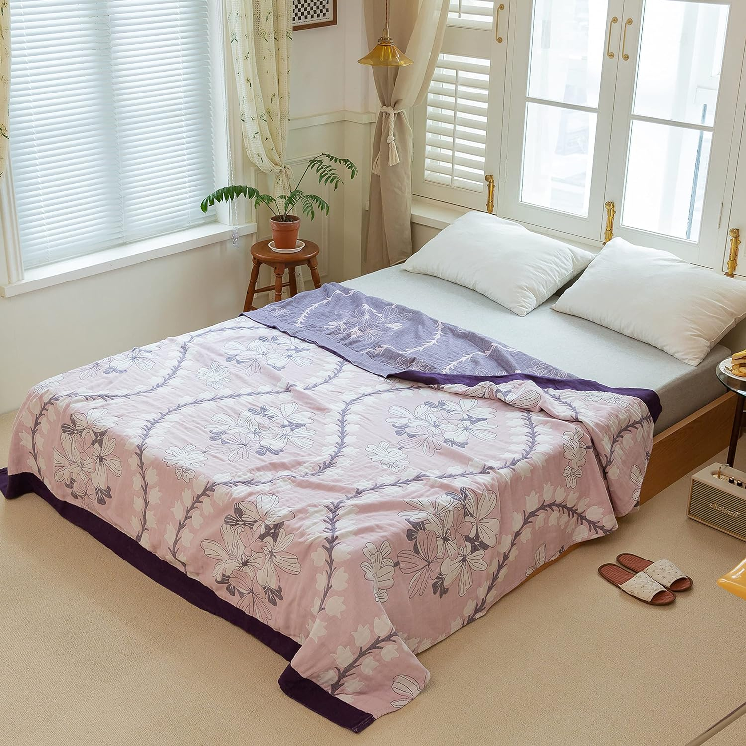 Scientific Sleep Muguet Lily Valley Flower Purple 100% Cotton Muslin Blanket Throw Cover for Bed Couch Sofa Cozy Soft Reversible Lightweight Warm Bedspread Coverlet Twin 60 in x 80 in