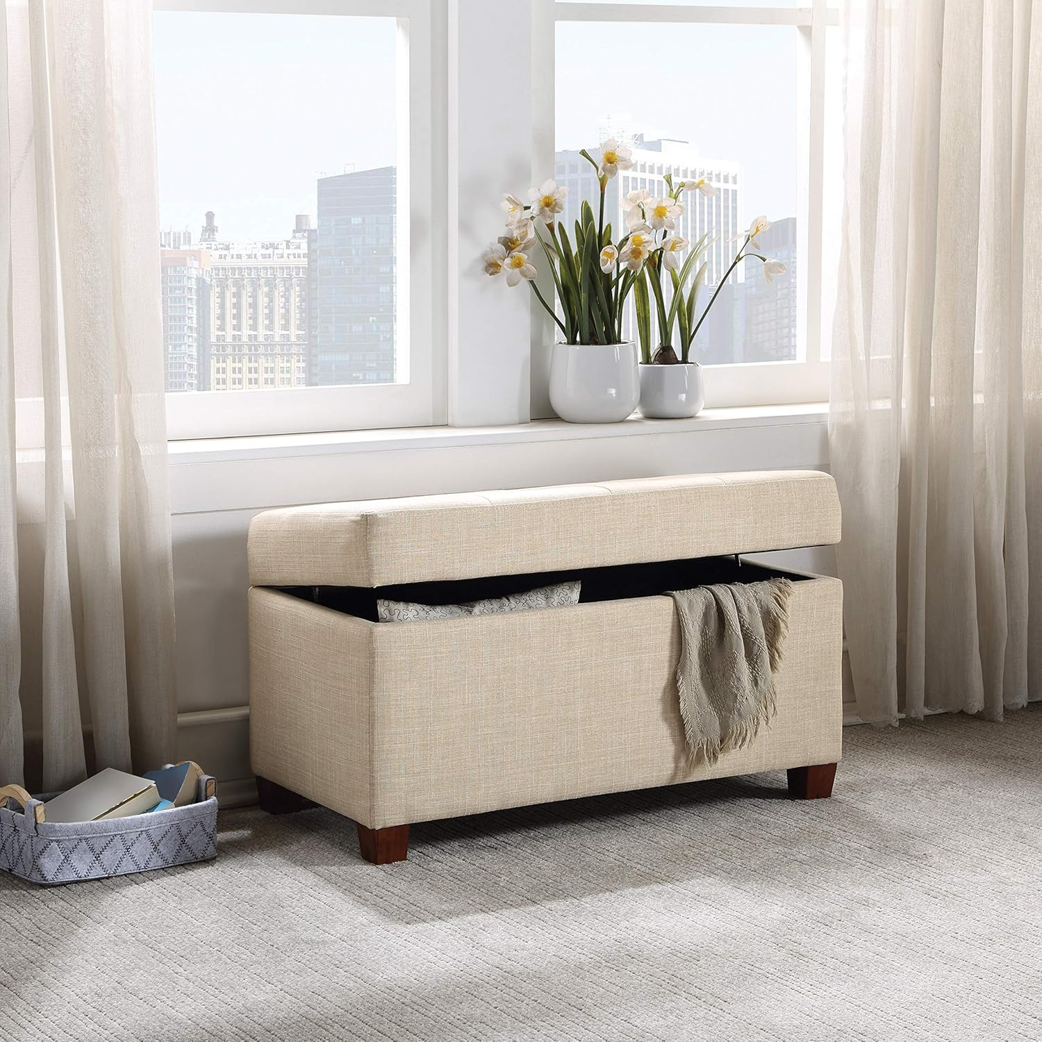 Cream Tufted Fabric Storage Ottoman with Wood Legs