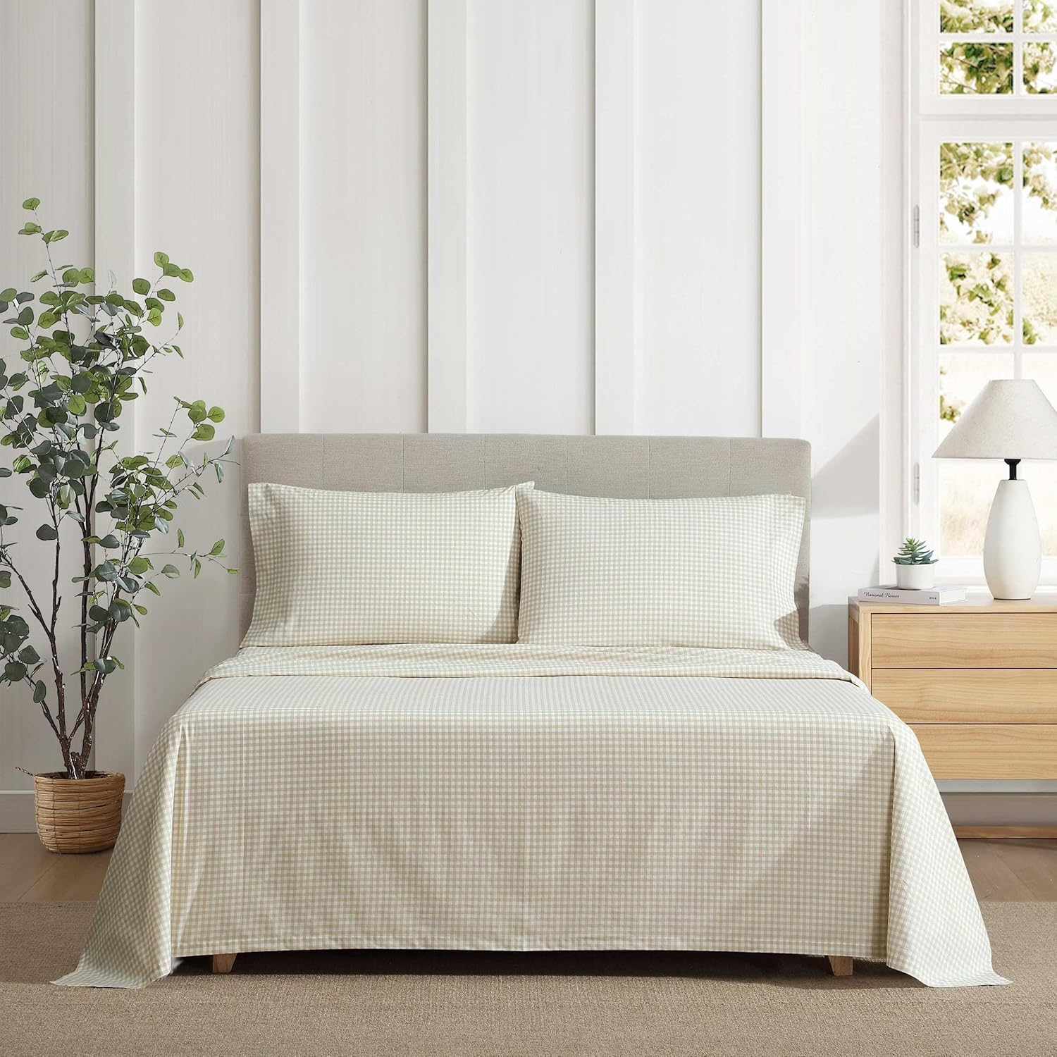 Eddie Bauer - Sheet Set, Cotton Percale Bedding with Matching Pillowcase, Crisp & Breathable, 200-Thread Count, Classic Comfort Essentials (Little Gingham Beige, Twin)