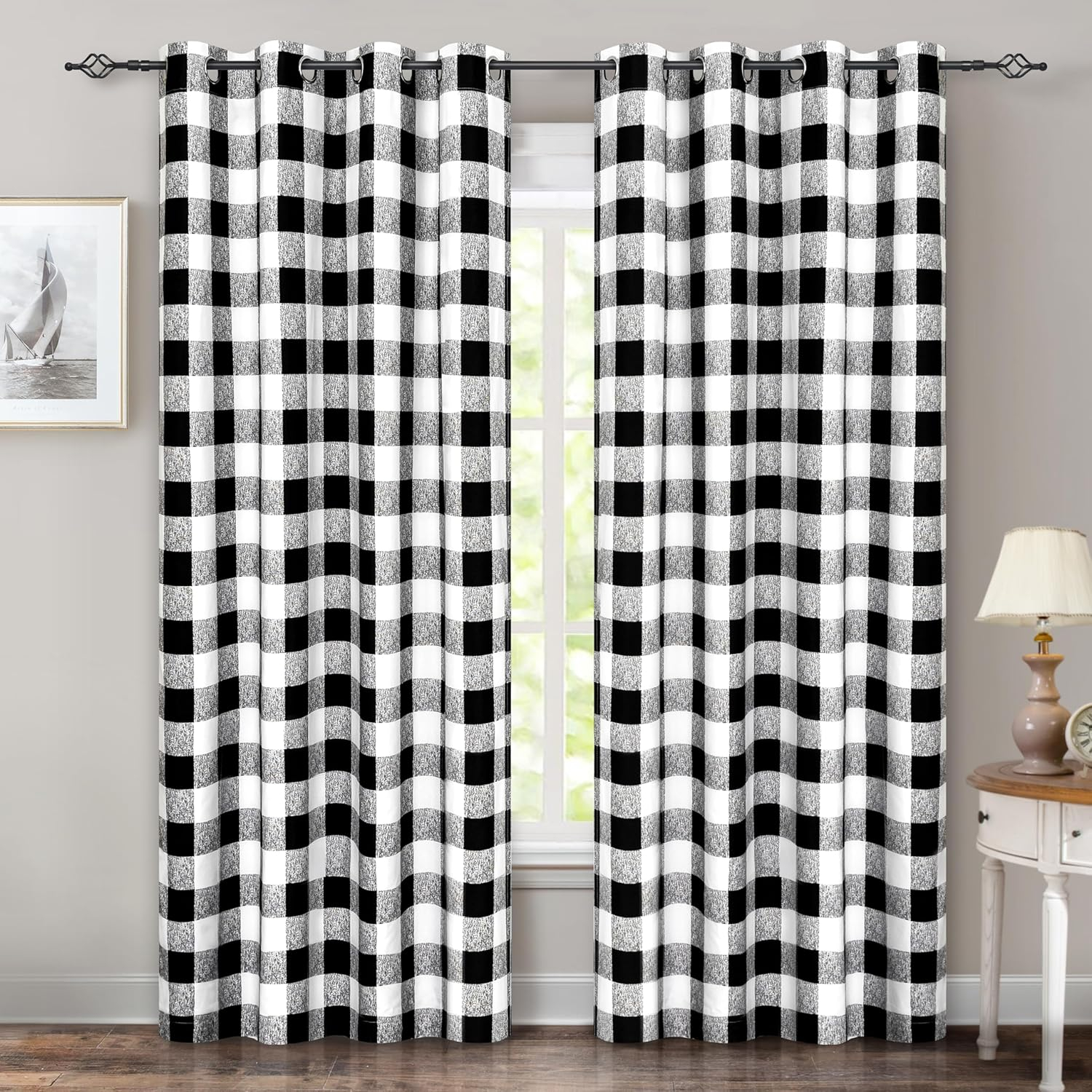 Buffalo Plaid Check Curtains Blackout Room Darkening Thermal Insulated Black and White Buffalo Checkered Window Drapes for Farmhouse Bedroom Living Room Grommet Curtain 2 Panels 84 Inch Long