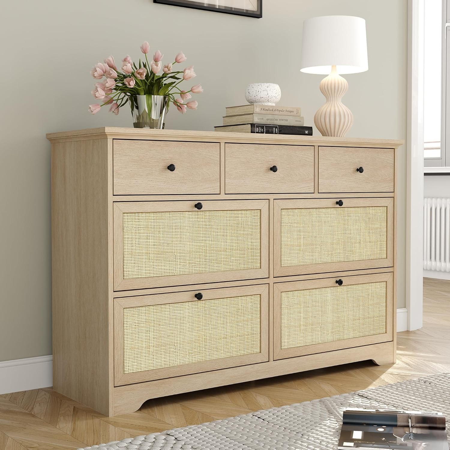 Yechen 7 Drawers Natural Rattan Dresser for Bedroom, Mid-Century Modern Natural Wood Dressers with Elegant Tabletop, Boho Chest of Drawers TV Stand with Sturdy Base for Living Room, Baby Nursery