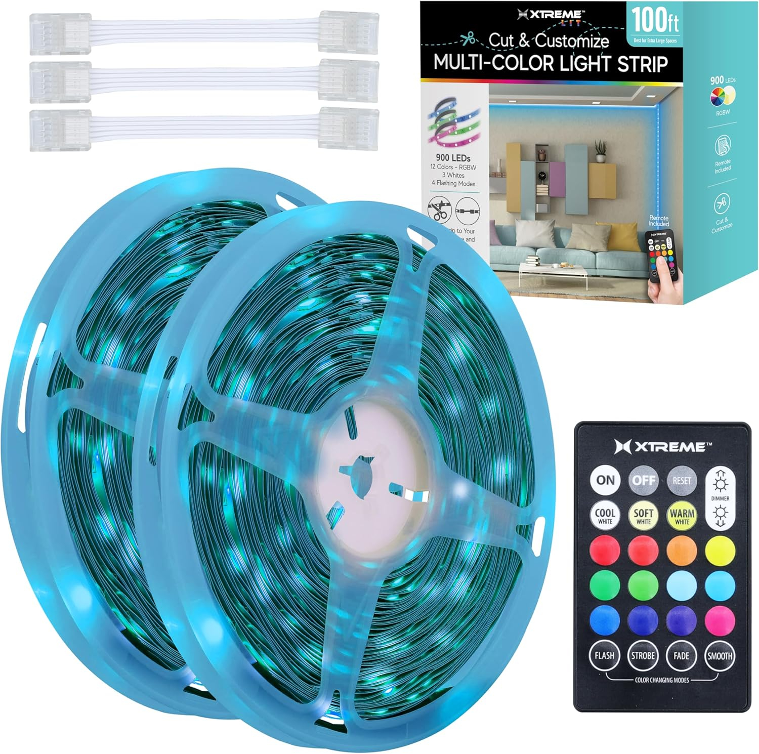 Xtreme Lit 100ft Cut & Customize Indoor LED Light Strip Kit, Includes 3 Connectors, 900 LEDs, 4 Modes, Remote & 24V Adapter.