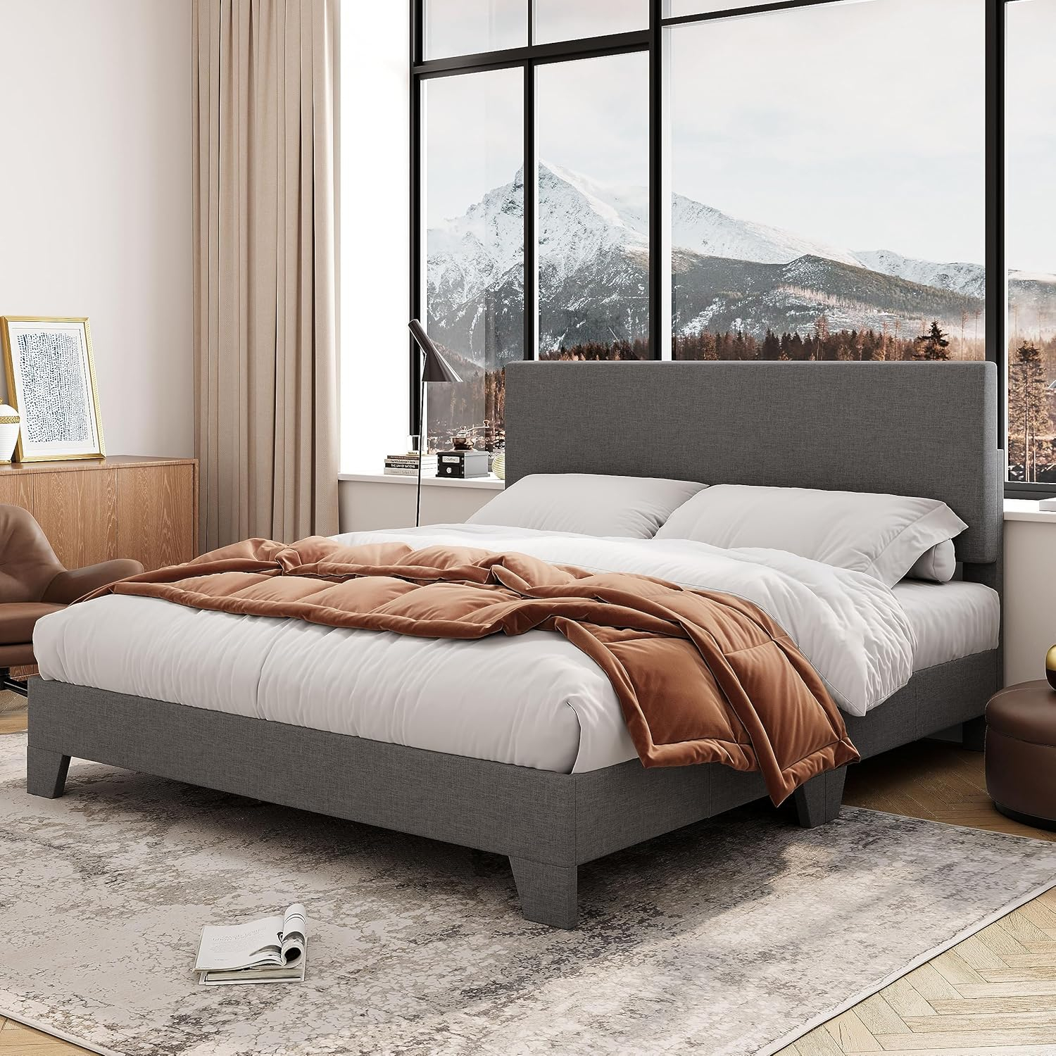 Killeryuki Queen Bed Frame with Adjustable Headboard, Upholstered Platform Bed with Wood Slats, Heavy Duty Mattress Foundation, No Box Spring Needed, Noise-Killeryuki, Easy Assembly, Dark Grey