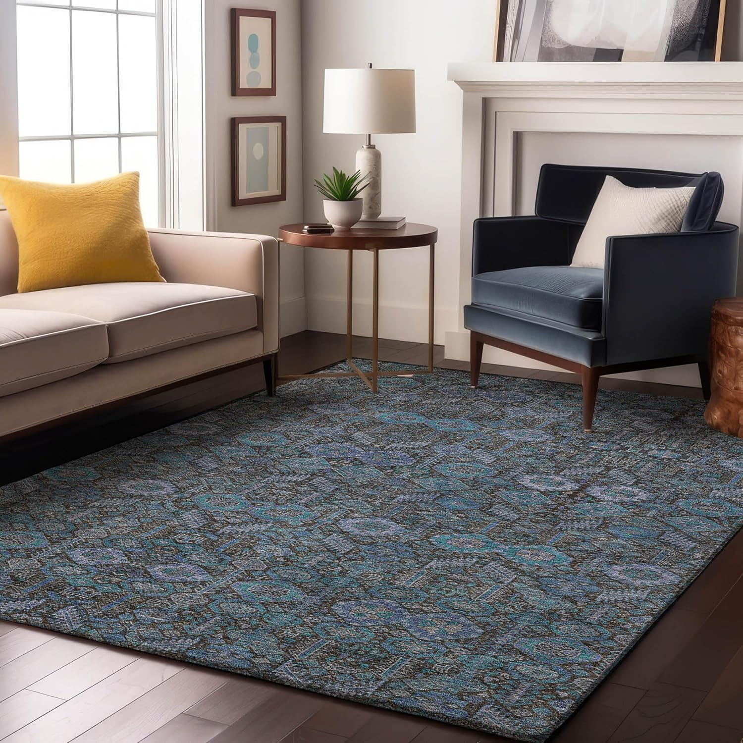 Teal Bohemian Washable Synthetic 8' x 10' Area Rug