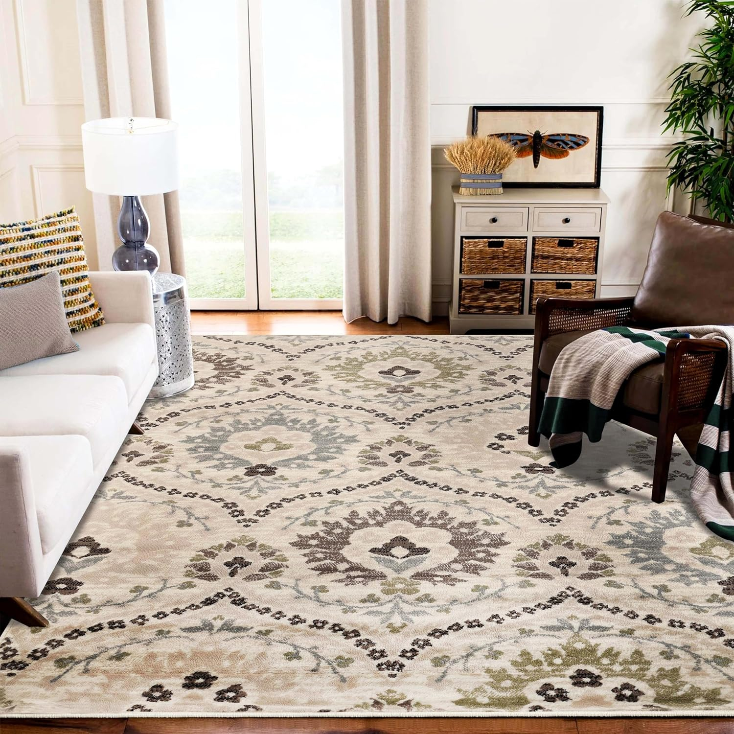 Superior Oriental Vintage Floral Damask Power-loom Indoor Area Rug, 8'x10', Beige-Brown