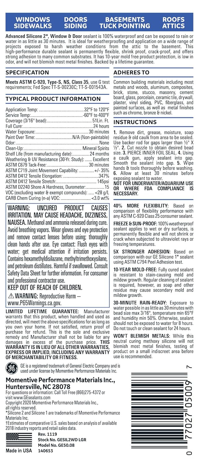 GE Advanced Silicone 2 Windows, Doors, Exteriors 10.1-oz Window door Light Gray Silicone Caulk
