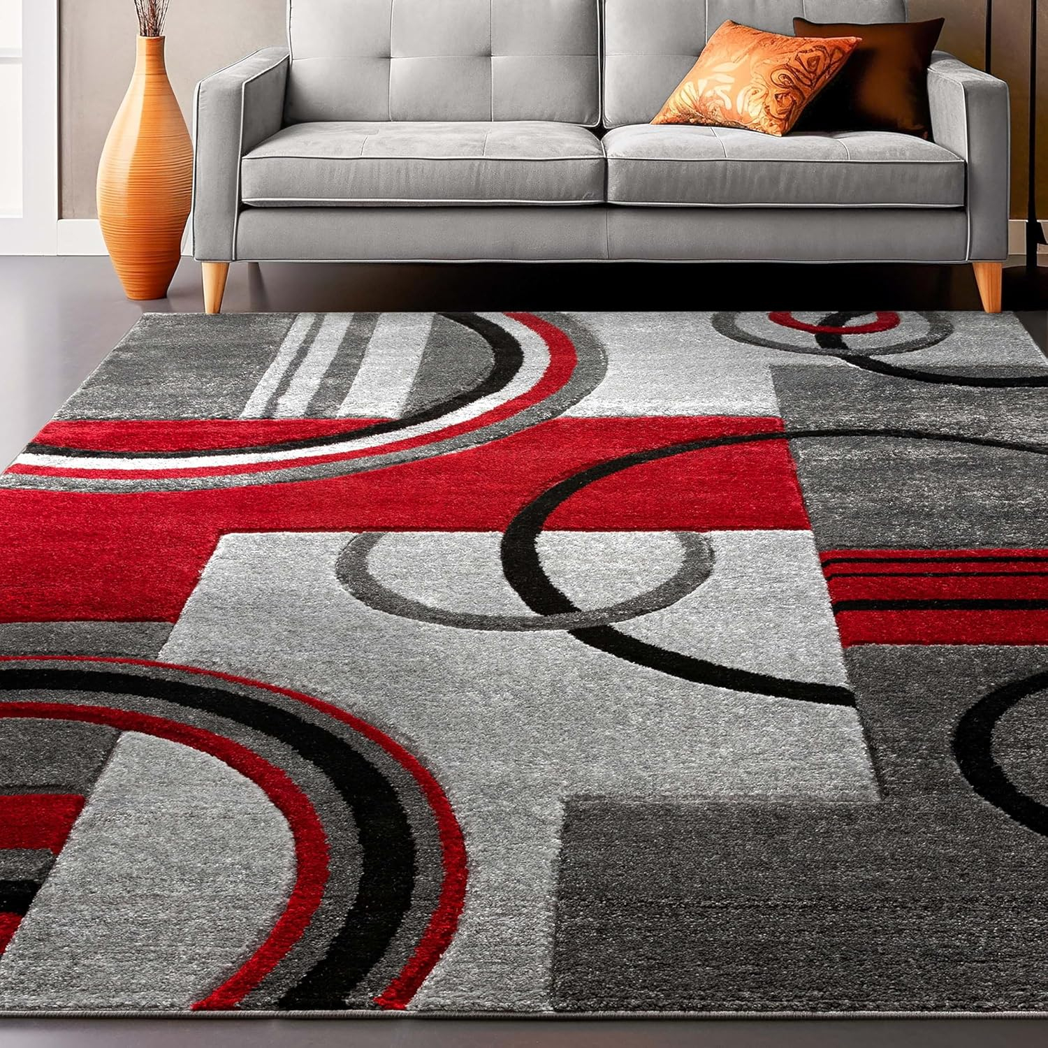 Well Woven Ruby Galaxy Waves Modern Geometric Grey & Red 6'7" x 9'3" Area Rug
