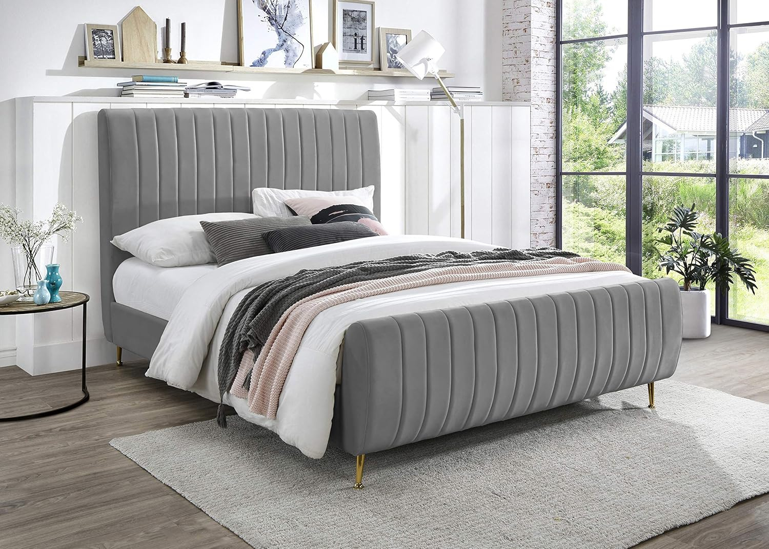 Meridian Furniture Zara Contemporary Gray Velvet Queen Bed