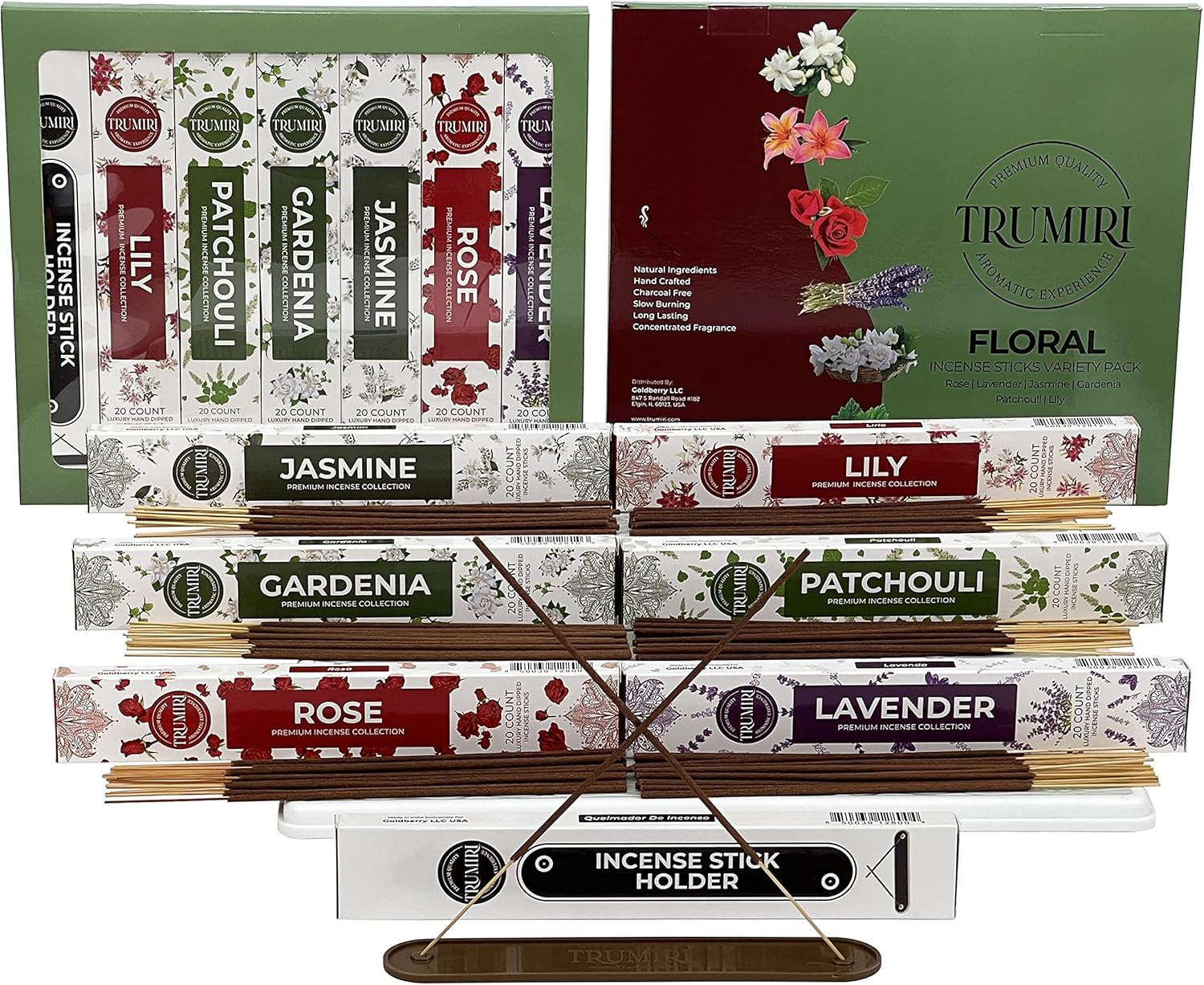 Trumiri Floral Incense Sticks Variety Pack & Incense Burner - Gift Set - 120 Inciensos Aromaticos (6 fragrances x 20 pieces each) - Rose, Lavender, Jasmine, Gardenia, Patchouli, Lily