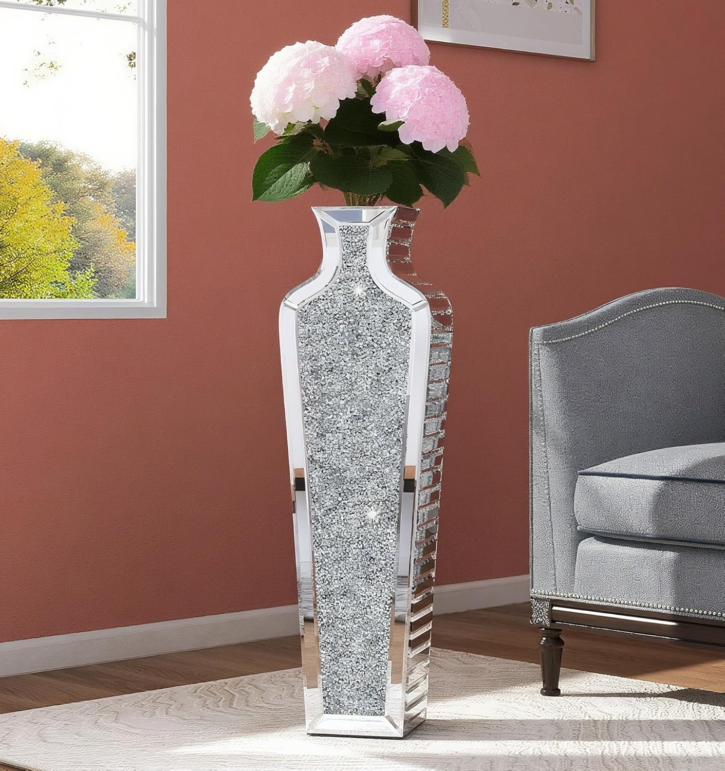 Tall Silver Mirrored Glass Floor Vase with Crushed Diamond