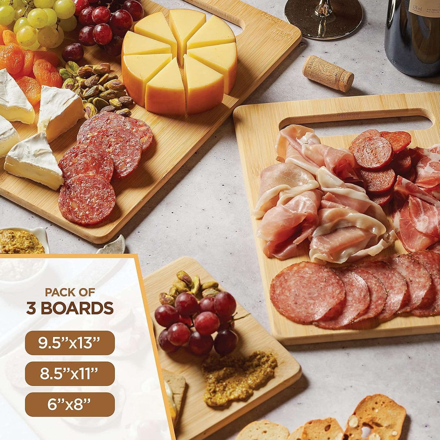Bamboo Cutting Boards for Kitchen [Set of 3] Wood Cutting Board for Chopping Meat, Vegetables, Fruits, Cheese, Knife Friendly Serving Tray with Handles