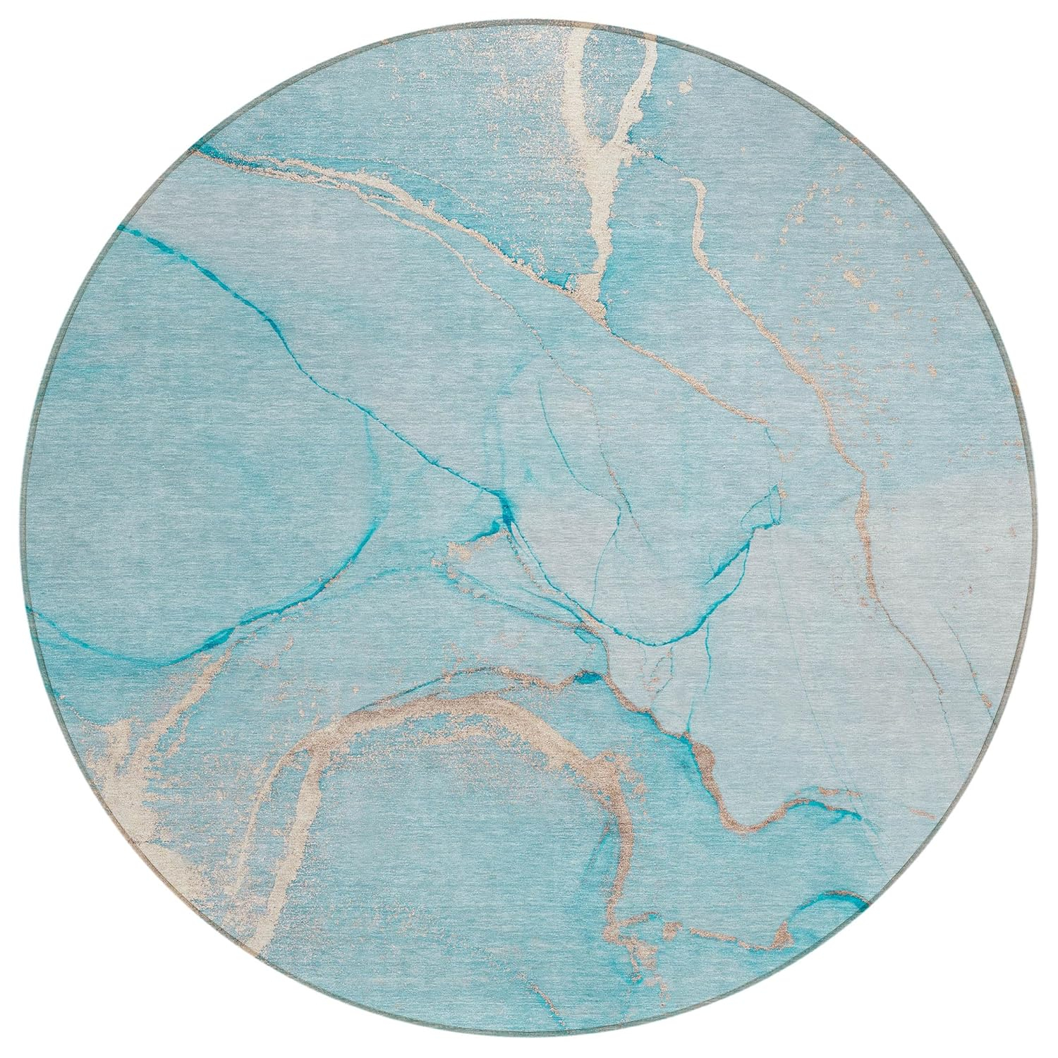 Teal Synthetic Round Machine-Washable Area Rug with Non-Skid Backing