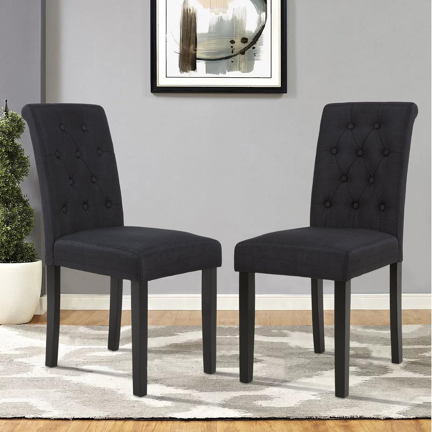 Button-Tufted Charcoal High Back Fabric Upholstered Dining Chairs, Set of 2