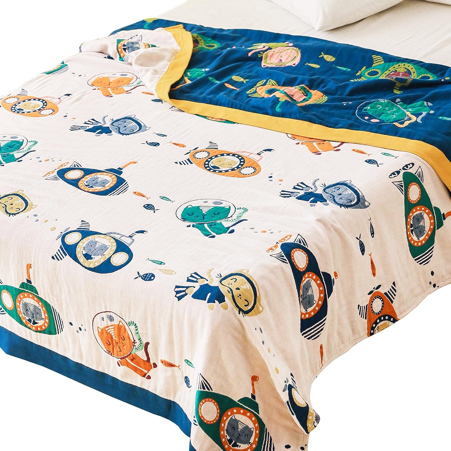 Scientific Sleep Underwater Scuba Cat Kitty Diver Submarine Fish Sea 100% Cotton Muslin Blanket Throw Cover for Bed Couch Sofa Cozy Soft Reversible Bedding Bedspread Coverlet Twin 60 in x 80 in