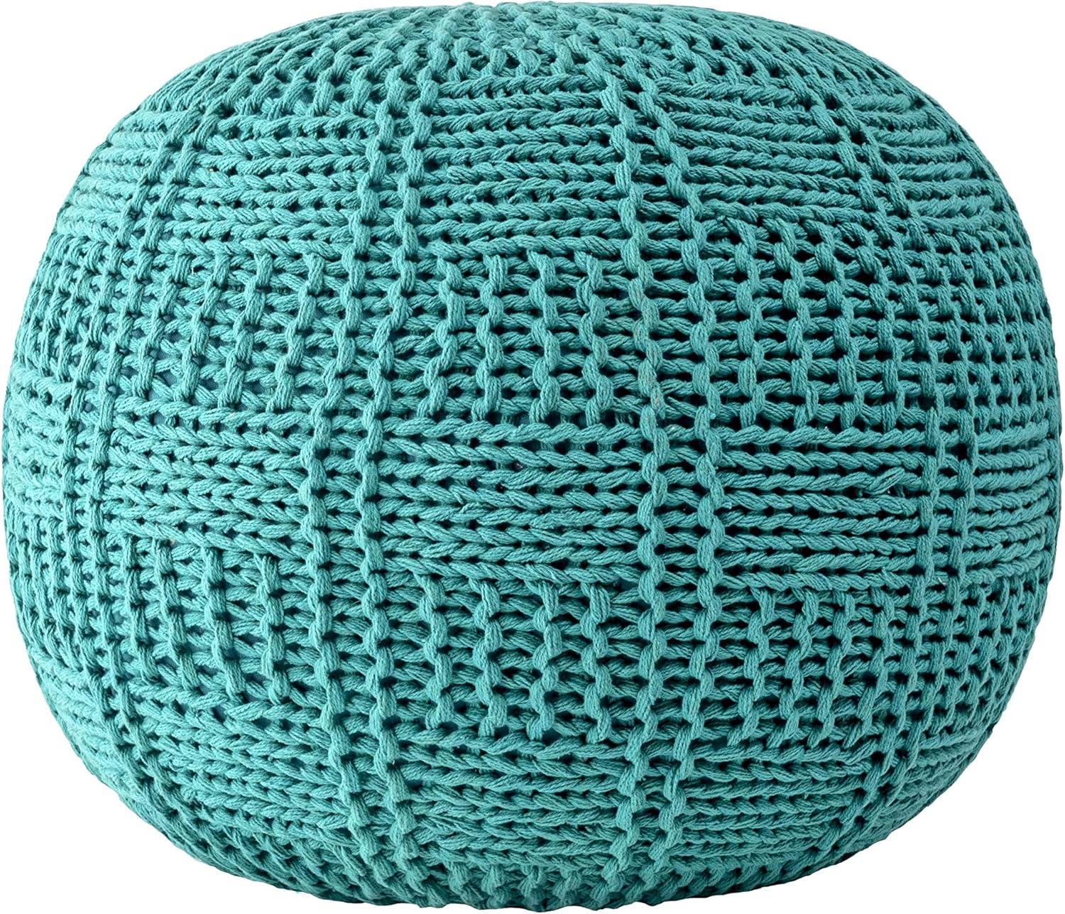 Teal Knitted Cotton Round Pouf Ottoman
