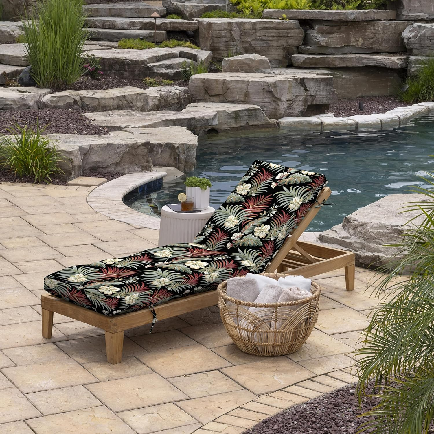 ARDEN Outdoor Plush Modern Tufted Chaise Cushion, 76 x 22, Water Repellent, Fade Resistant, Tufted Cushion for Chaise Lounger 76 x 22, Simone Black Tropical