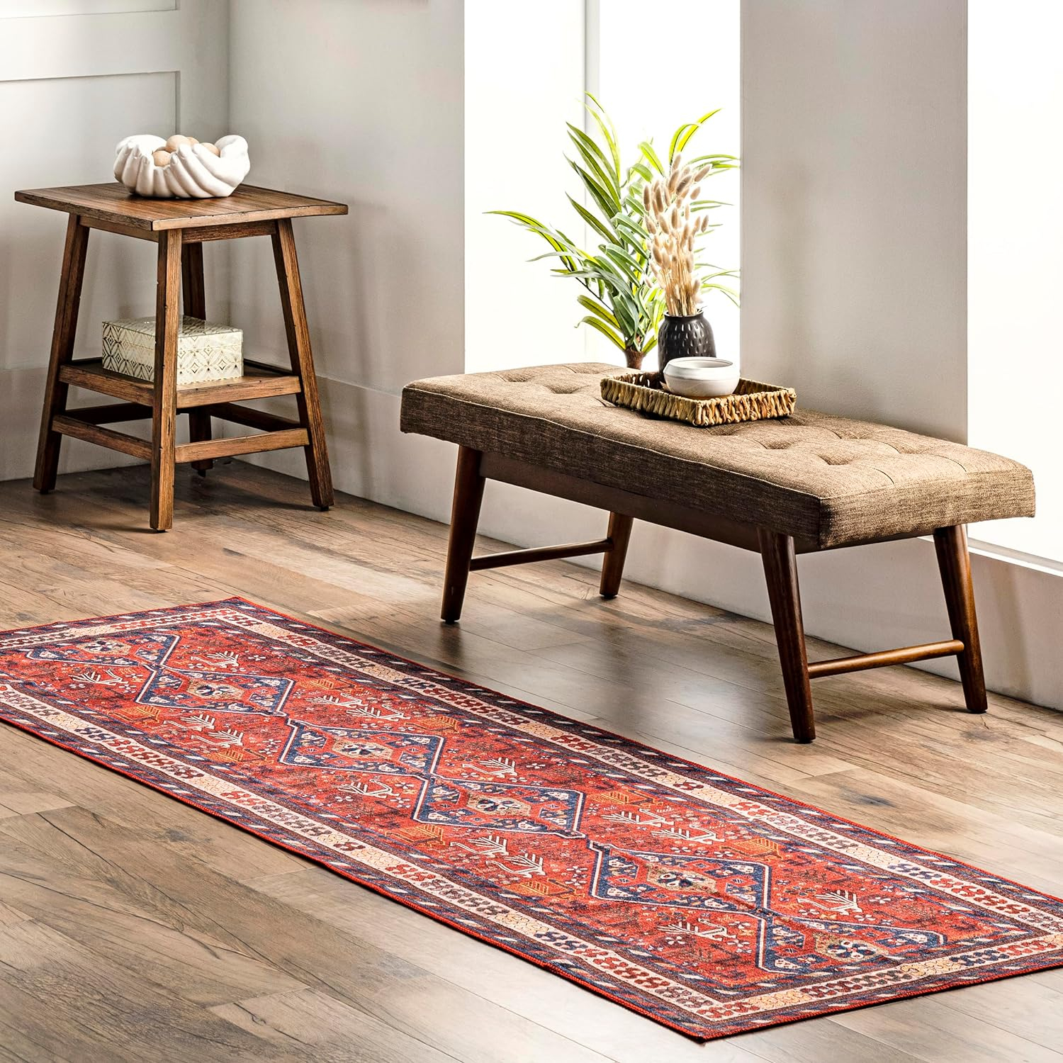 Rust and Gray Synthetic Tribal Runner Rug, 2'6" x 8'