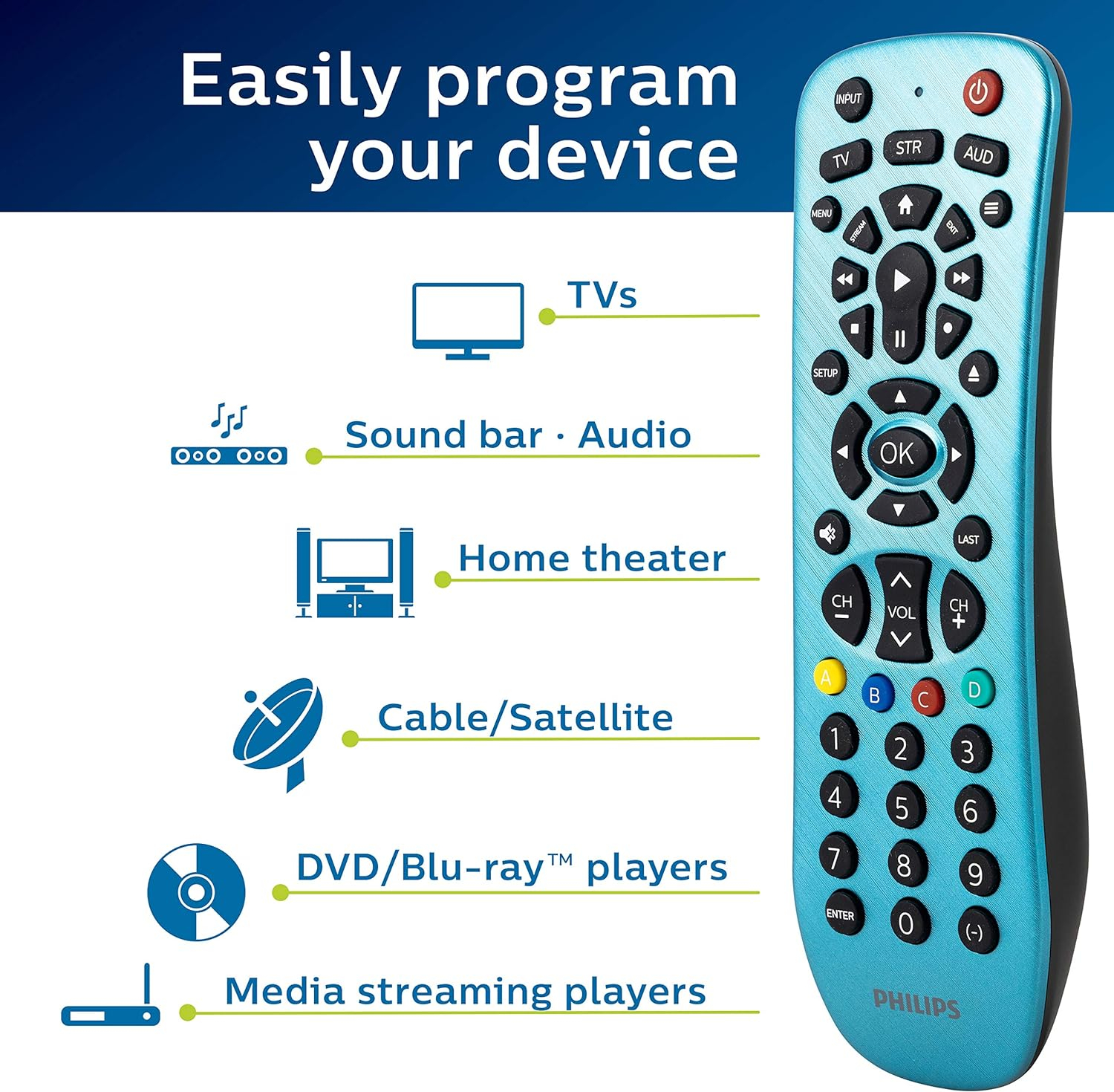 Philips 3-Device Universal Remote Control, Brushed Electric Blue, SRP3249B/27