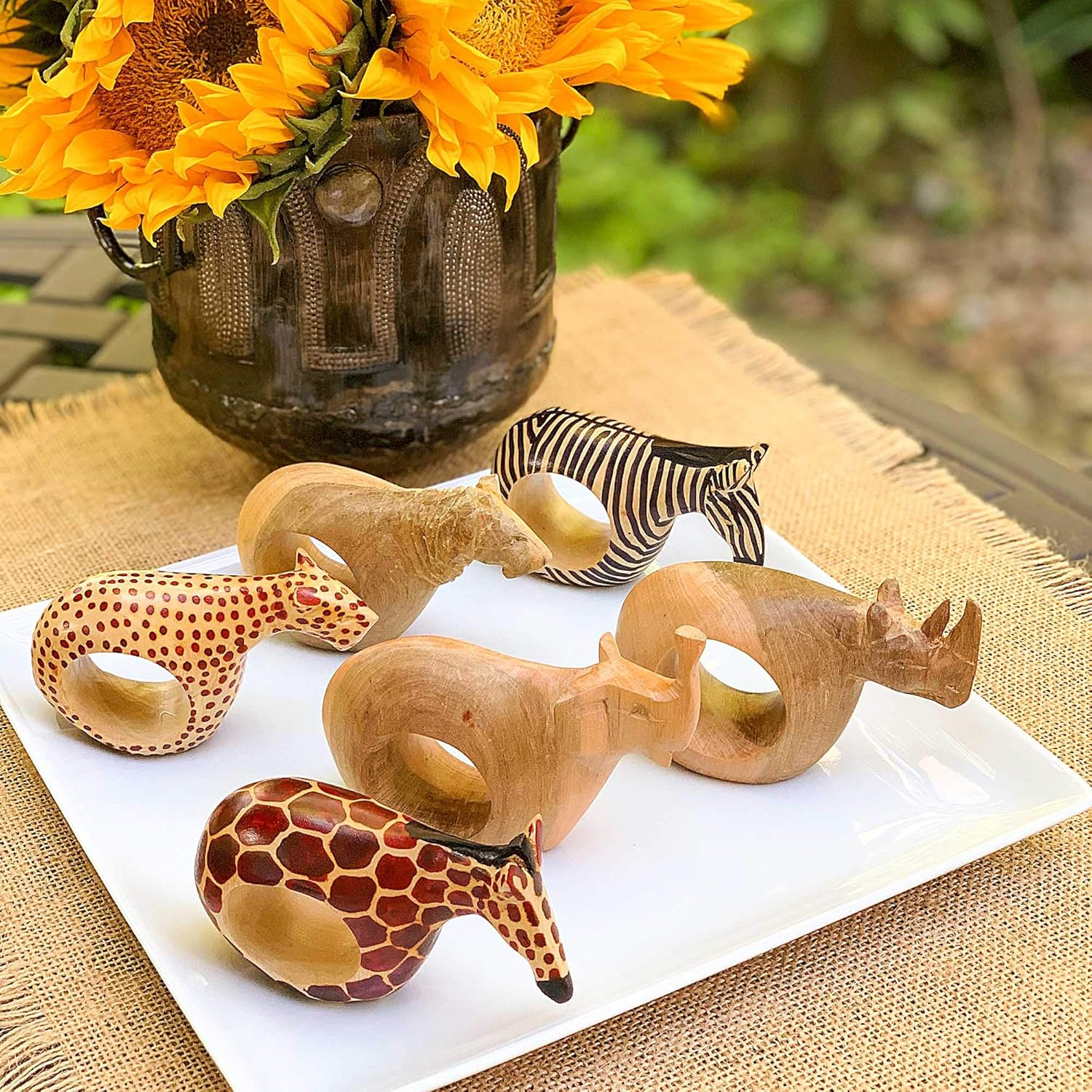 Set of Six Mahogany Wood Animal Napkin Rings Jedando Handicrafts