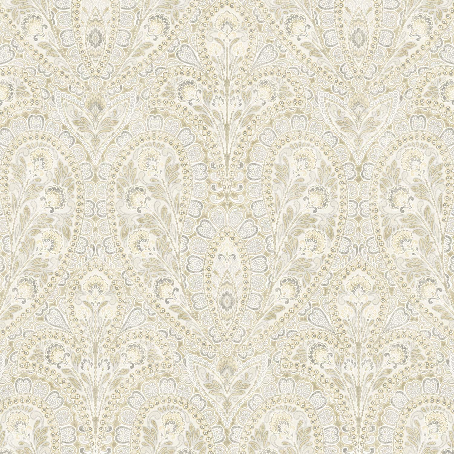 Grey and Cream Ornamental Paisley Pre-pasted Vinyl Wallpaper Roll