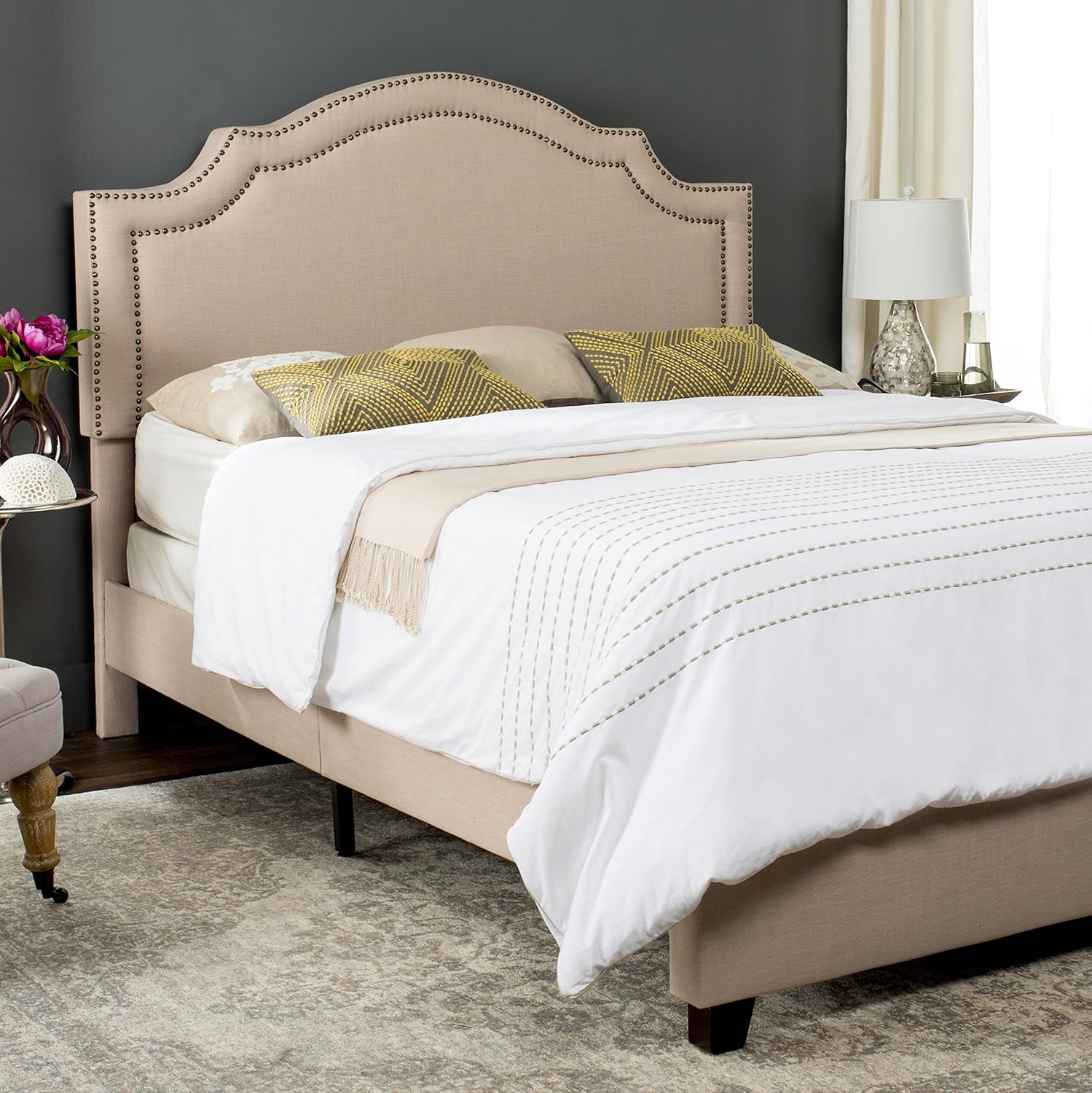 SAFAVIEH Theron Modern Elegant Upholstered Bed Frame with Nail Heads, Full, Light Beige/Brass Nails