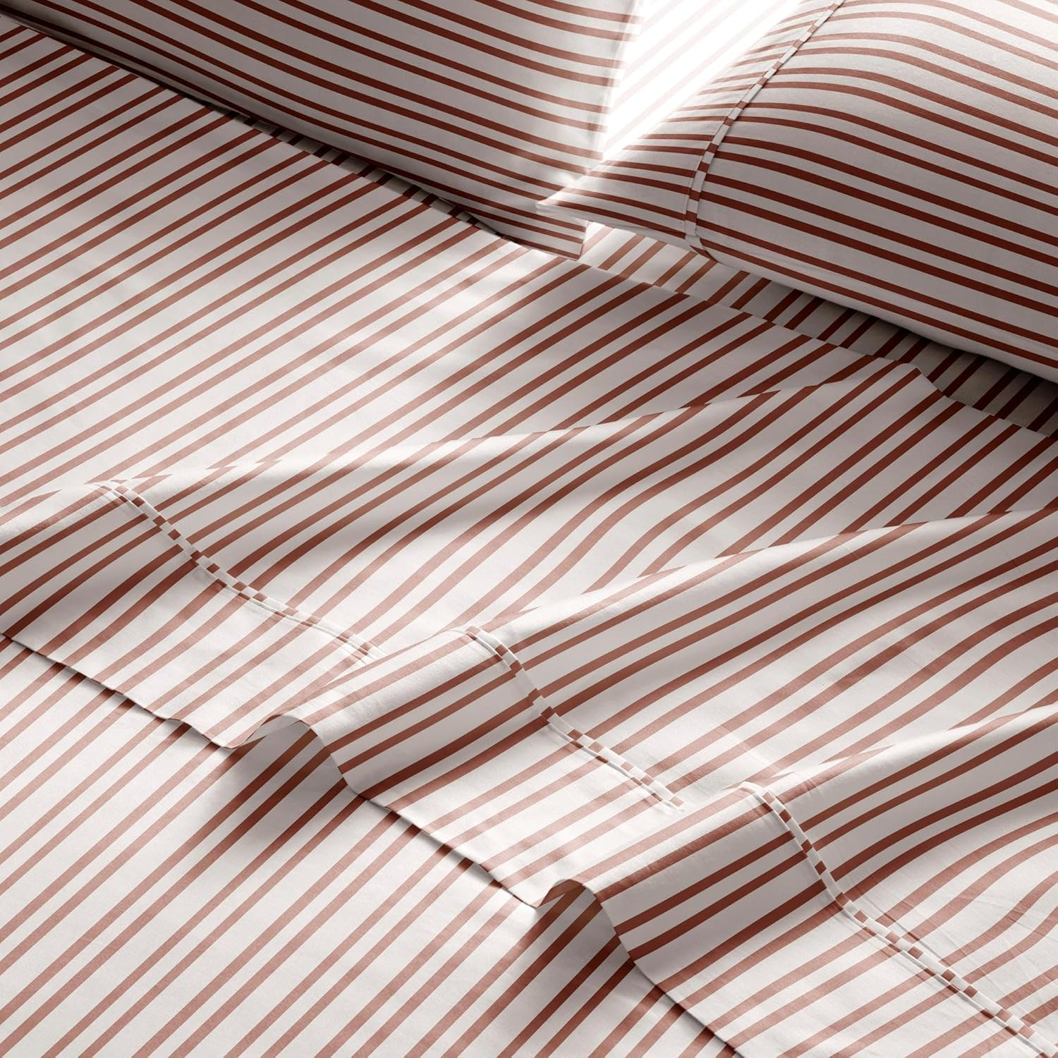Brielle Home Printed 100% Cotton Percale Sheet Set, Spice Pinstripe, Twin