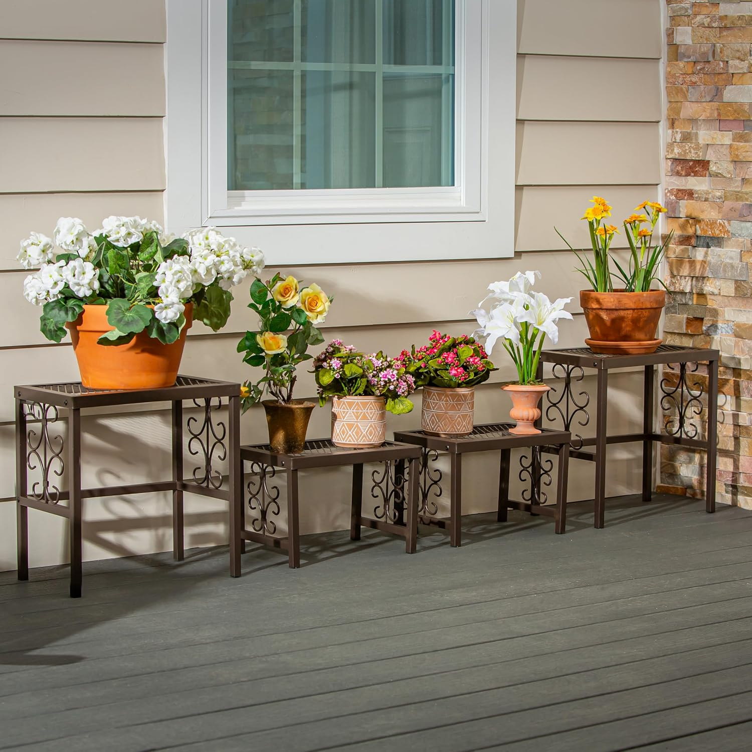 Evergreen Garden Nesting Plant Stands Indoor/Outdoor, Metal Plant Stand for Patio, Porch, Garden, Corner Plant Stands for Indoor Plants (Montebello, Set of 4)