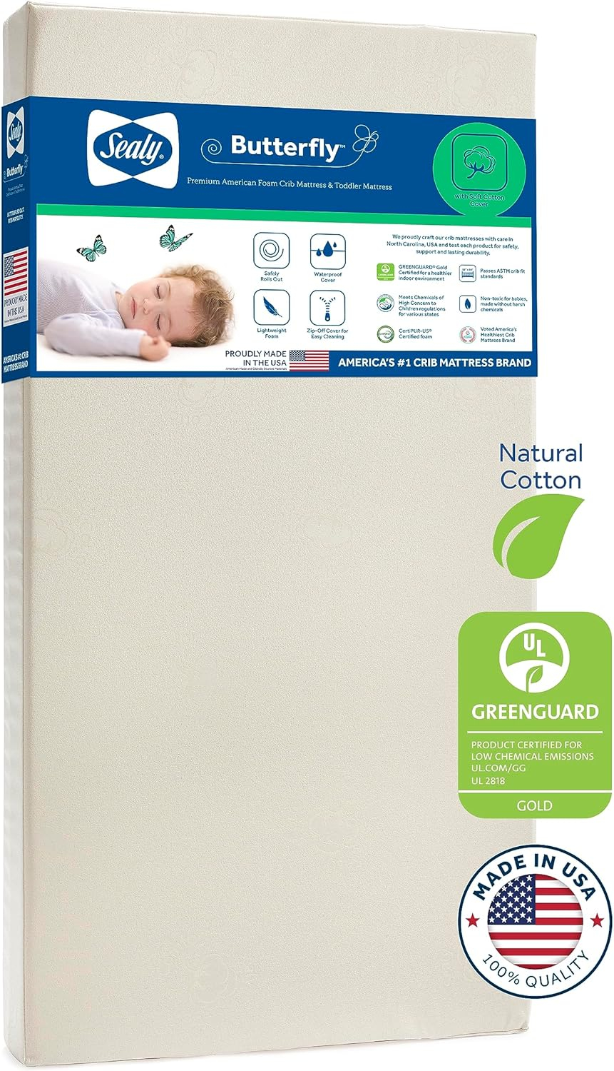 Sealy Baby Butterfly Breathable Waterproof Crib Mattress plus Toddler Bed Fit, Premium Foam, Washable Easy to Clean Cover, GREENGUARD Gold Certified, Safety & Quality Tested, Made in USA, 52"X28"