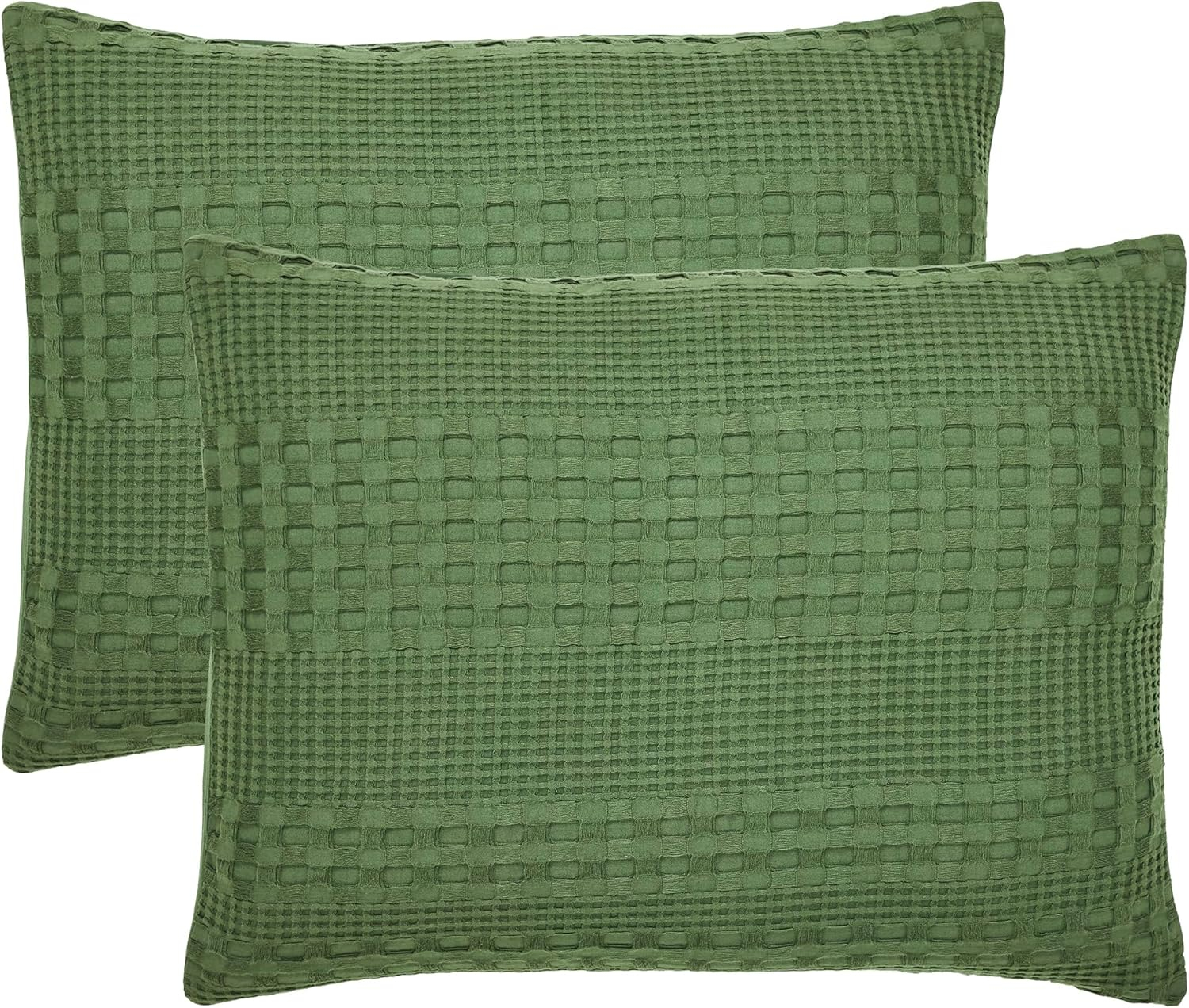 VHC Brands 100% Cotton Waffle Weave Olive Green Standard Sham Set of 2 20x26, Decorative Throw Pillow Covers/Shams, Boho Farmhouse Bedroom Decor