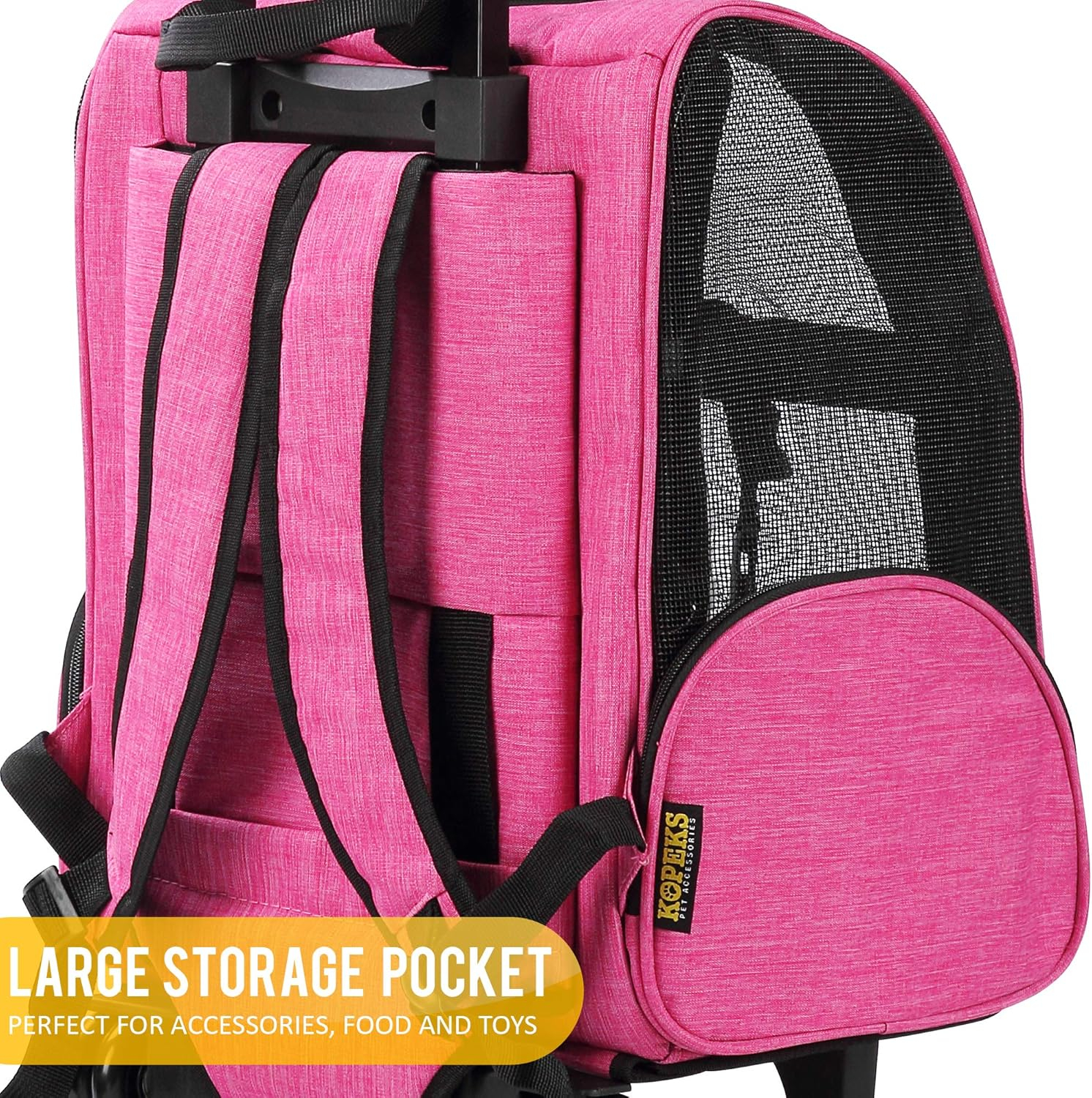 Pink Rolling Backpack Pet Carrier with Mesh Panels