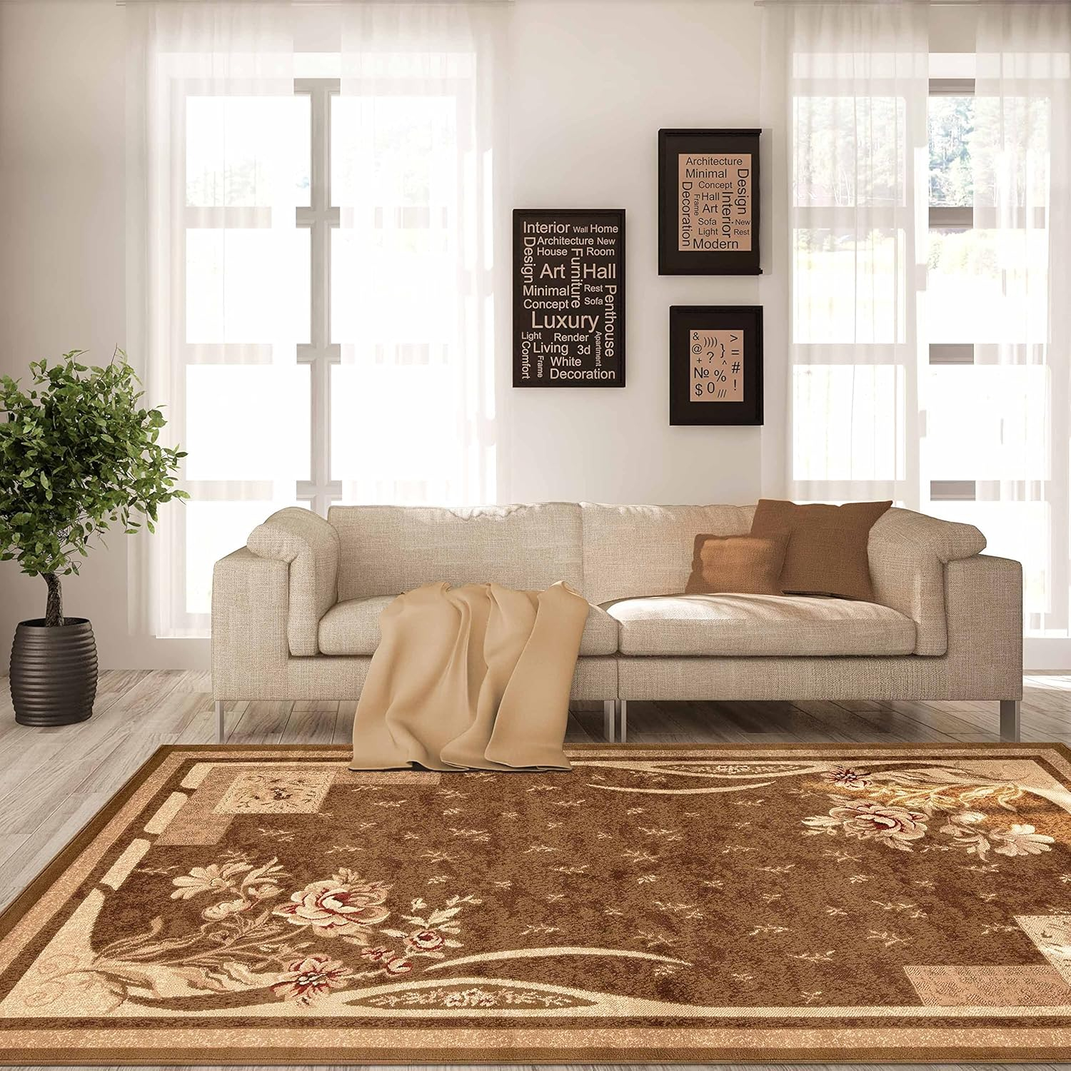 Superior Modern, Contemporary, Traditional Floral Border Block Area Rug, 5' x 8'