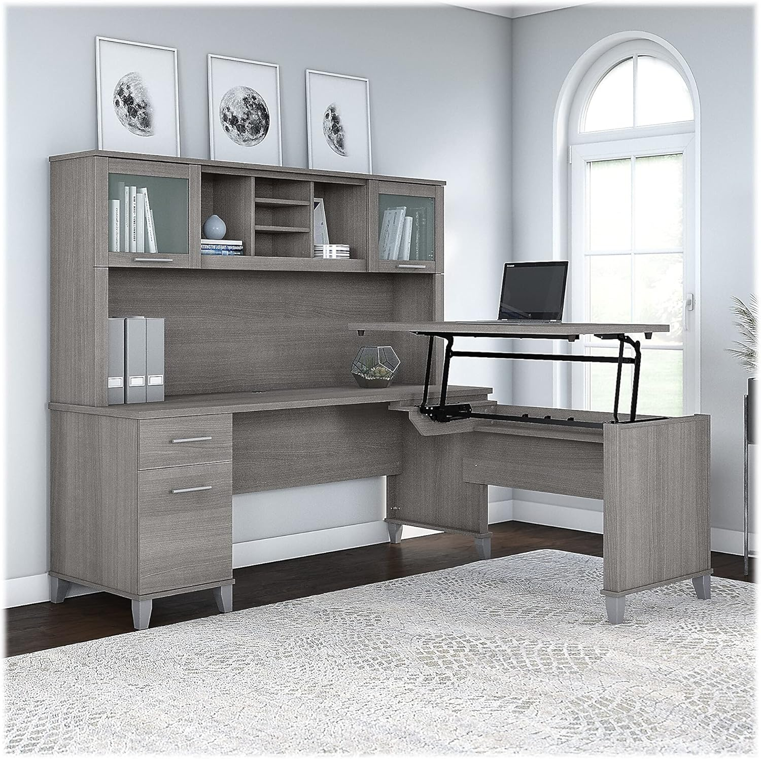 Somerset 72W Sit to Stand L Desk with Hutch in Platinum Gray - Engineered Wood