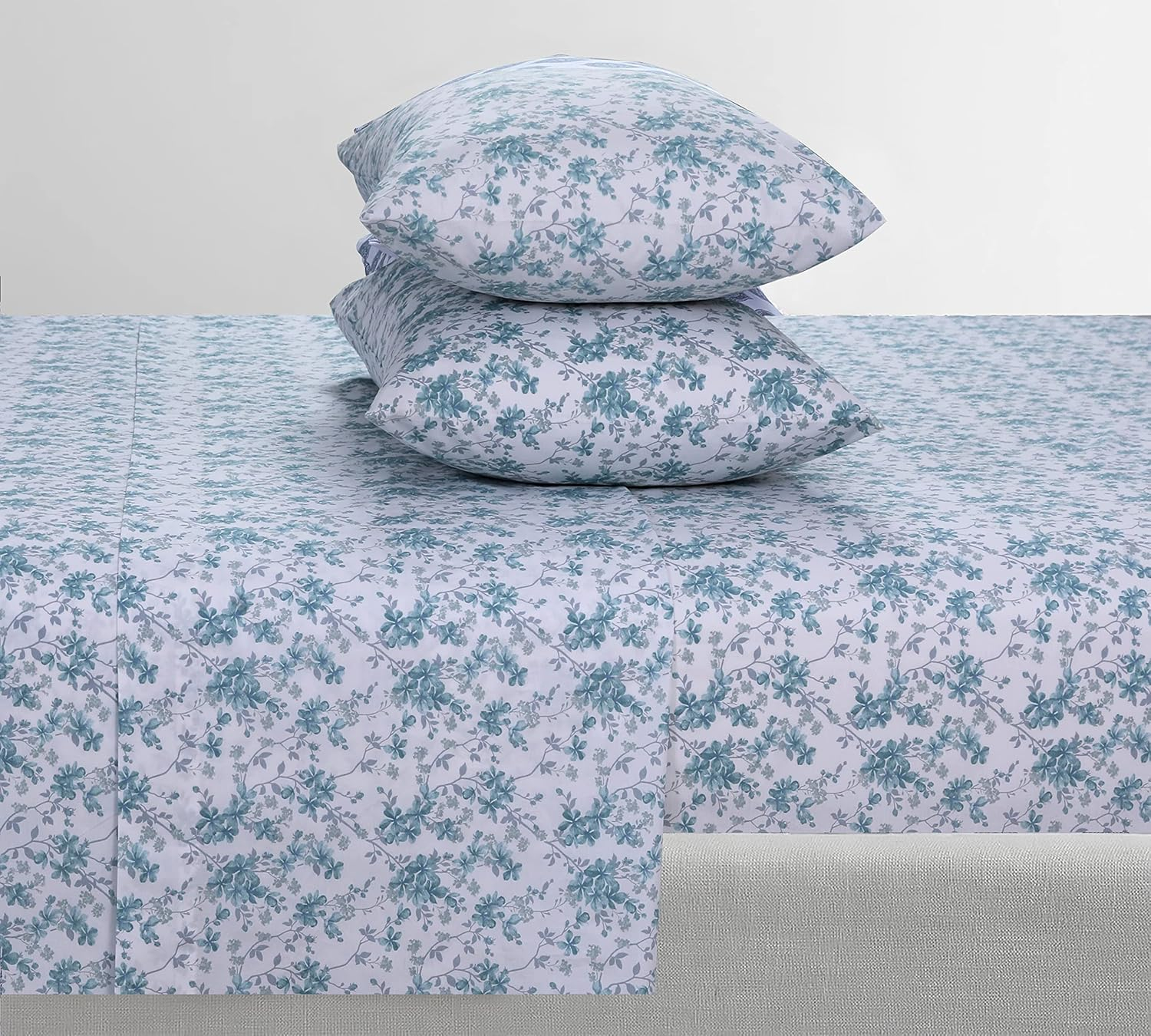 Feather & Stitch Softest 100% Cotton Sheets, 300 Thread Count Percale Weave Bedding, 16" Deep Pocket, Cooling Sheets, Breathable Bed Set, Hotel Premium Quality (Full, Blue Floral)