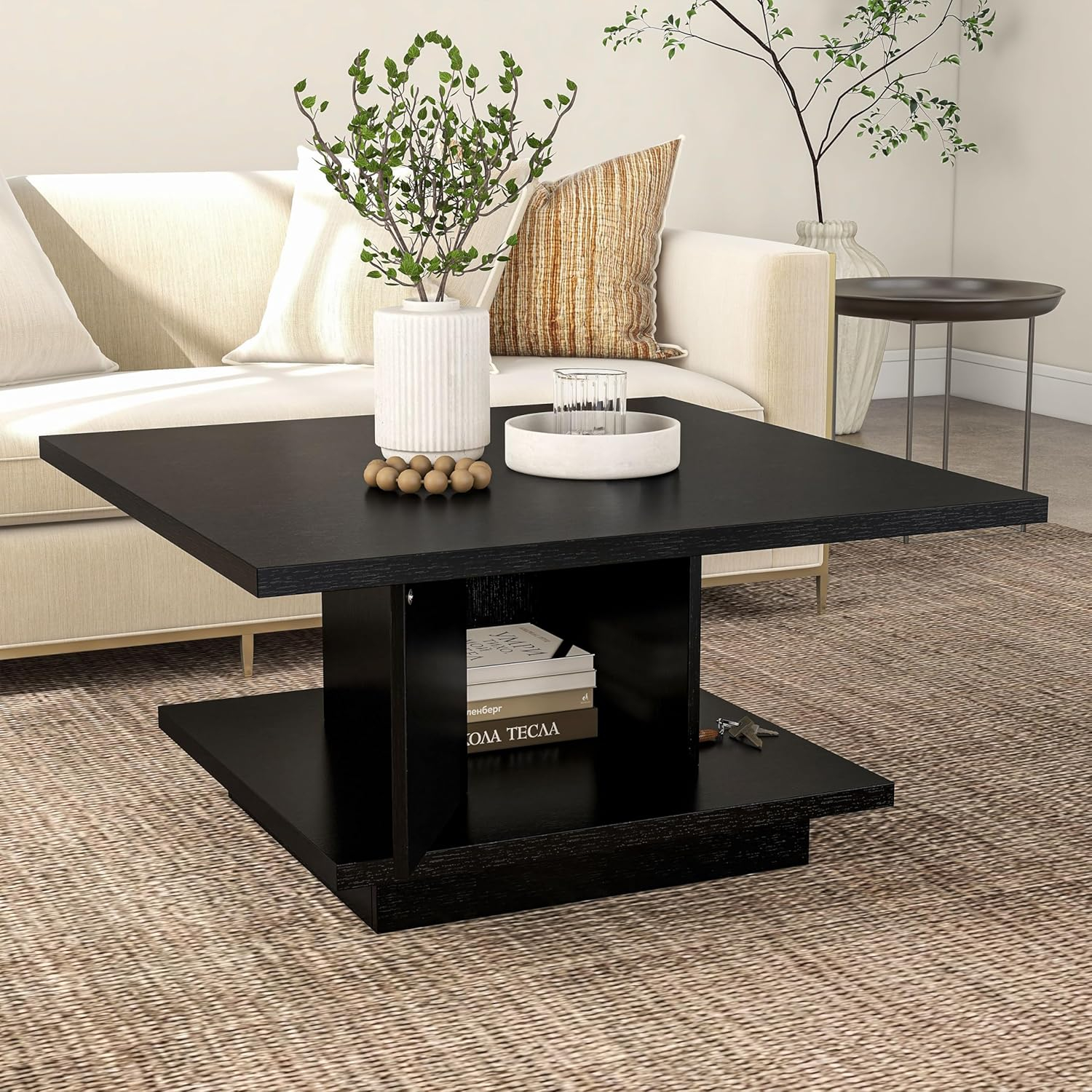 24/7 Shop at Home Lukas 31 inch Square Coffee Table with Hidden Storage and Base Shelf, Contemporary Furniture for Living Room, Home Office, Apartment, Small Space, Black