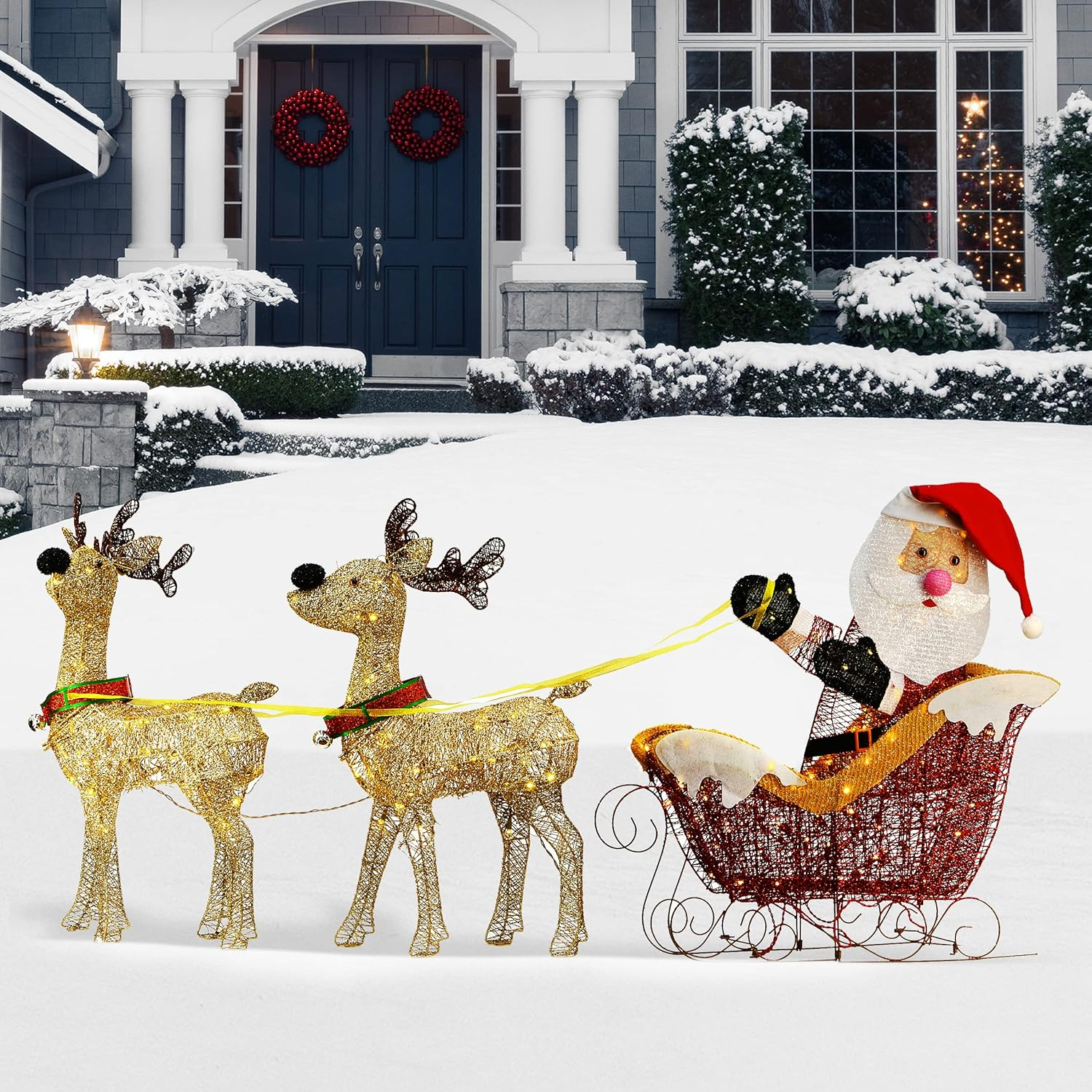 National Tree Company Pre-Lit Christmas Decoration, Red, Gold, Reindeer Pulling Santa's Sleigh, Crystal Splendor, 225 Warm White LED Lights, Ground Stakes Included, 31 Inch, 33 Inch