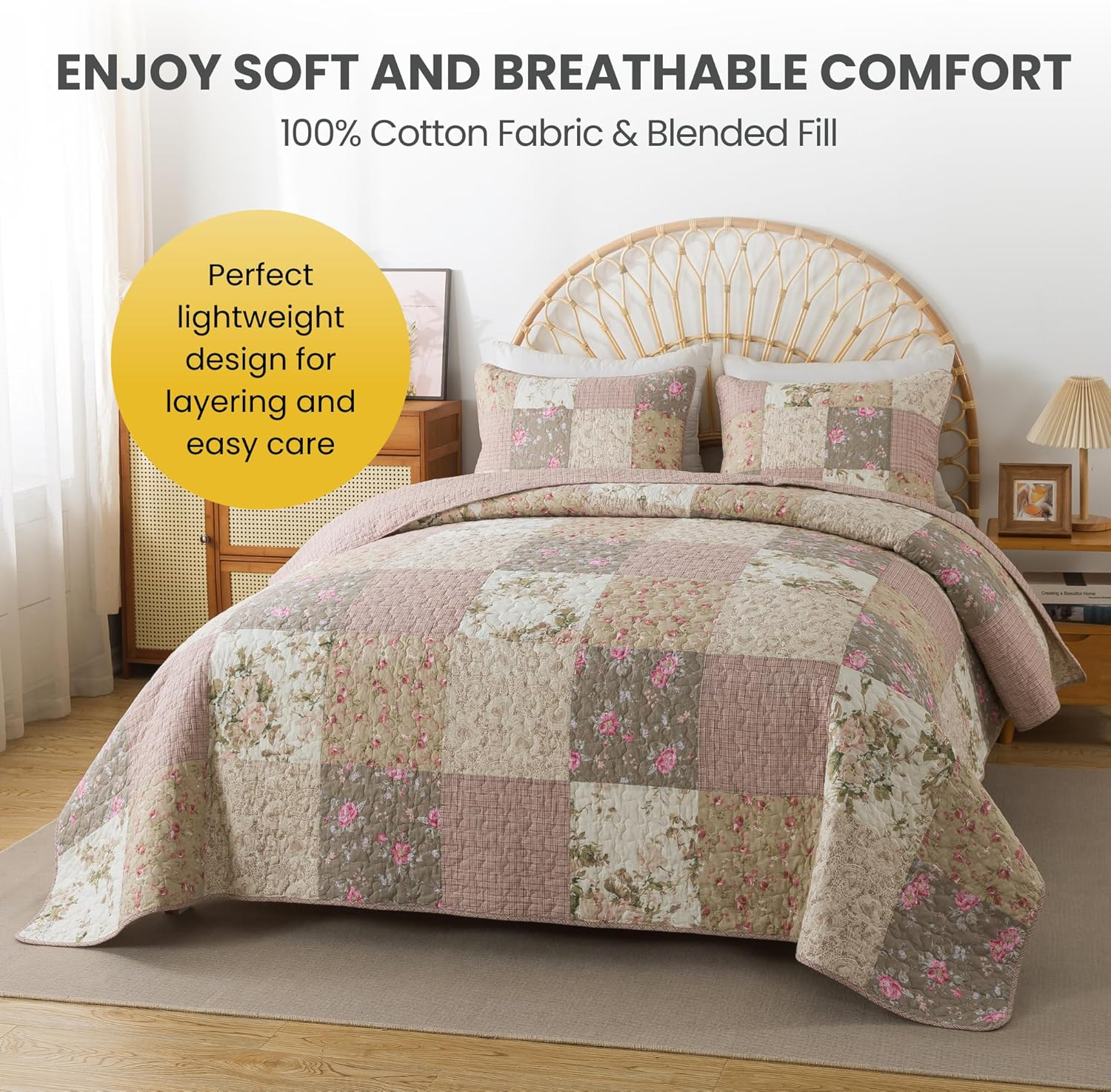 SLPR Secret Garden Patchwork Cotton Pieced Quilt Set - Twin with 1 Sham, Country Shabby Chic Bedding with Flower Pattern, Pink Floral Farmhouse Quilted Bedspread for All Seasons