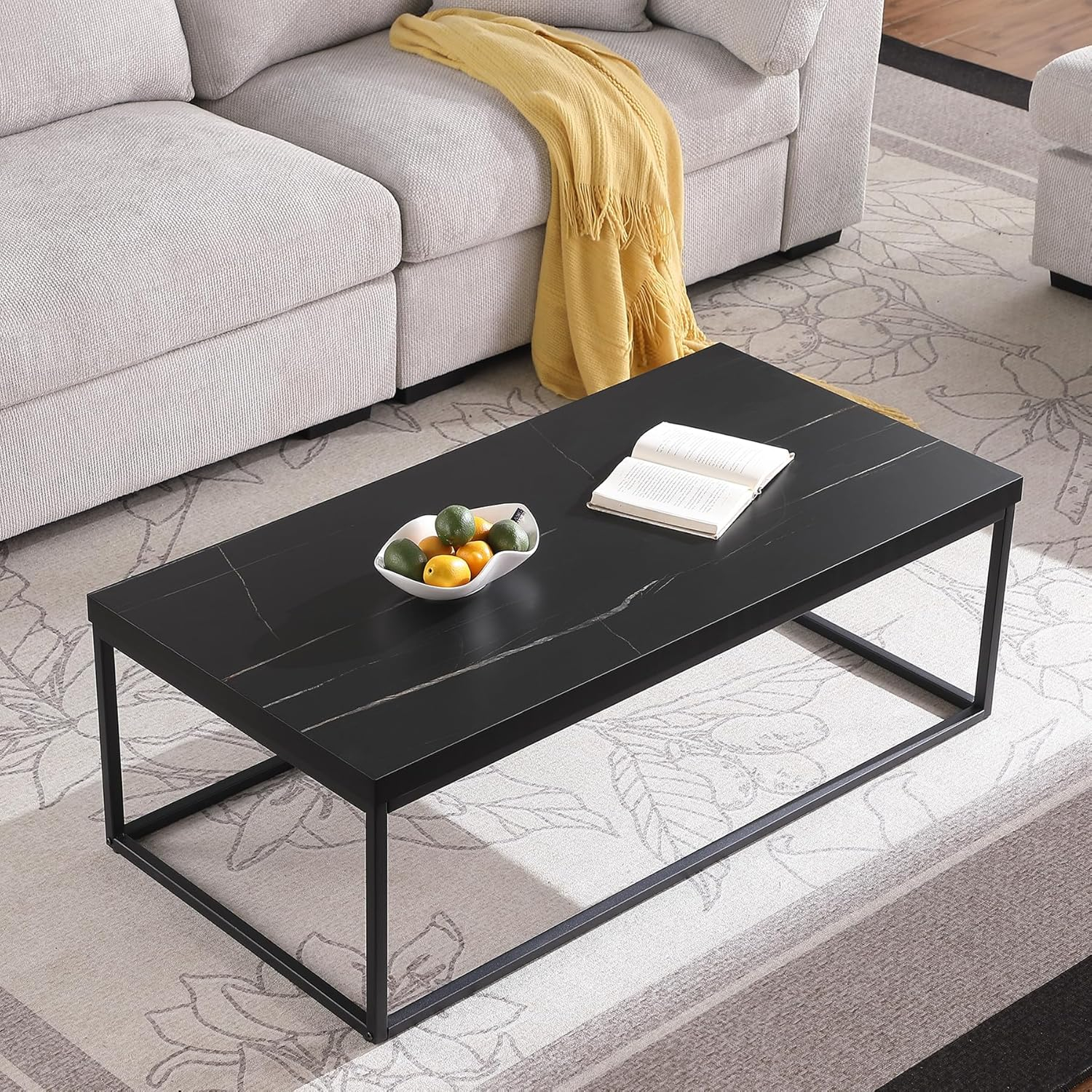 47" Large Natural Oak Coffee table for Living Room, Light Wood, Rectangle Modern Industrial, Wood and Metal, Extra thick tabletop