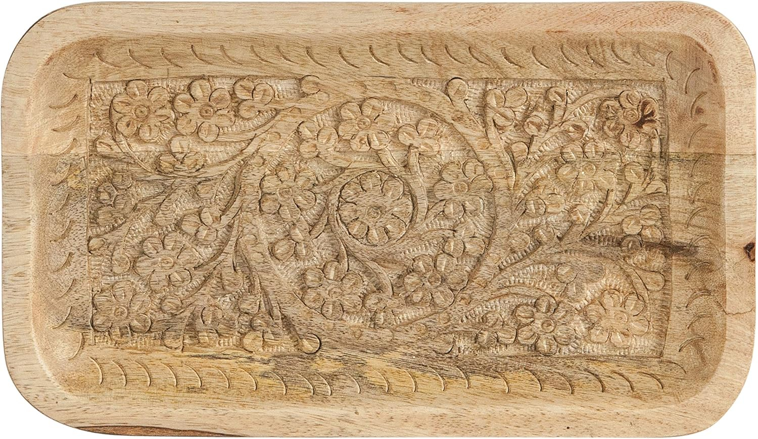 Creative Co-Op Handcarved Mango Wood Tray with Intricate Floral Designs