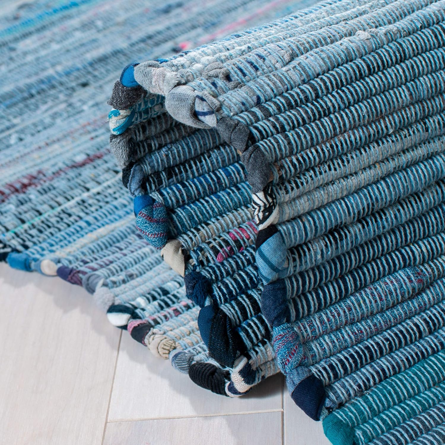 Handmade Blue and Multicolor Wool Cotton Stripe Area Rug