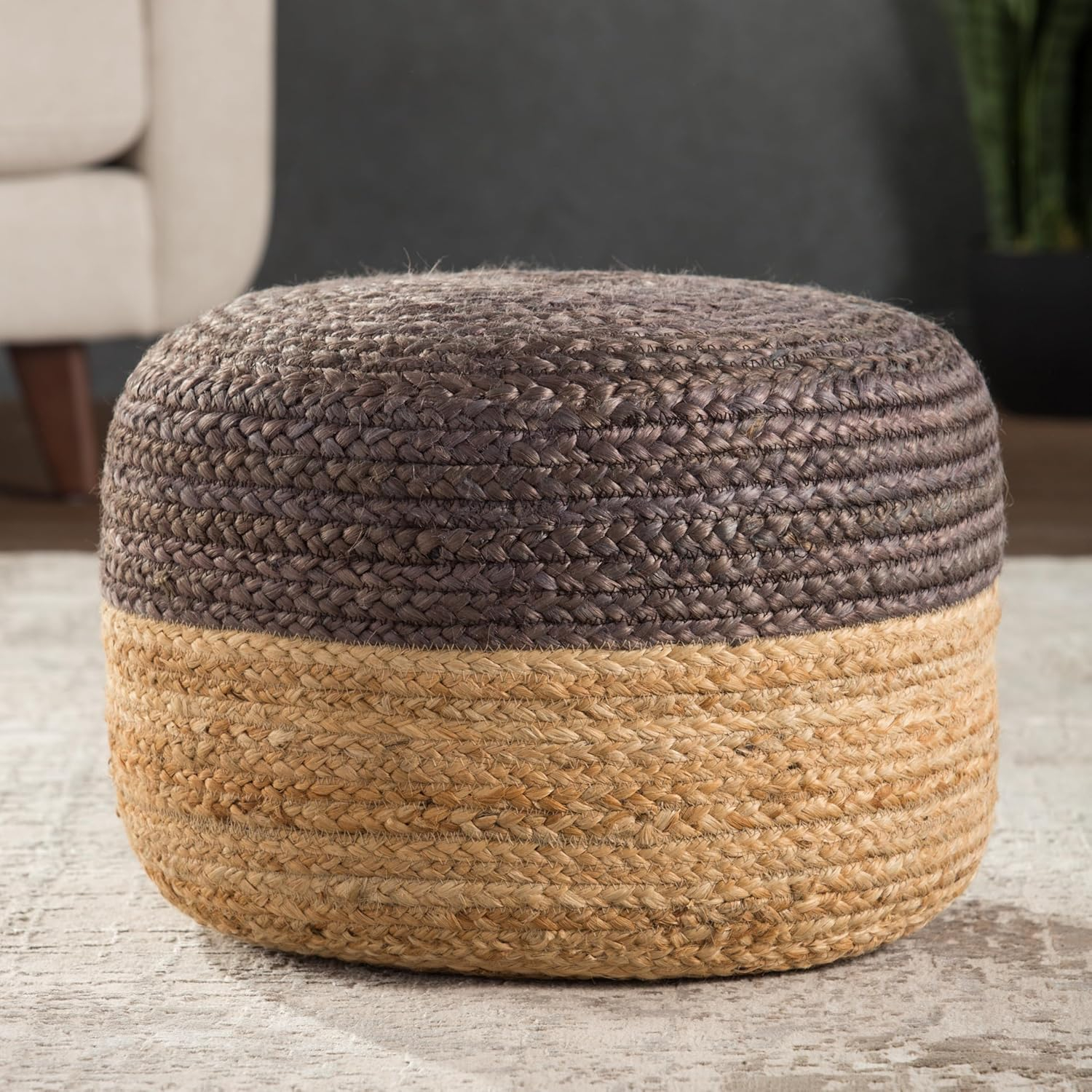Jaipur Living, Jute Pouf, Round Stuffed Ottoman, Brown/Beige, 18"