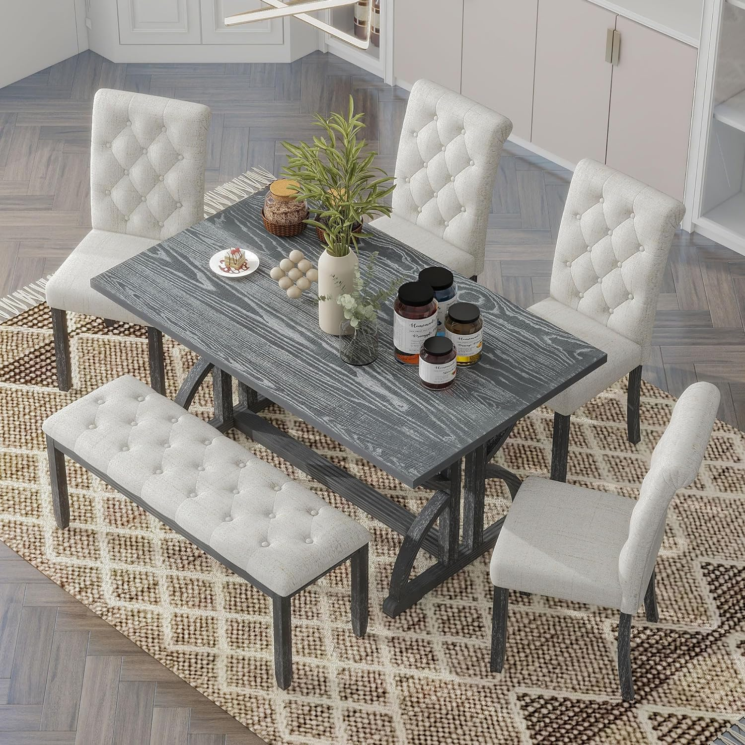 6-Piece Retro Dining Table Set, Rubber Wood Rectangular Table with Unique Legs and 4 Upholstered Chairs & 1 Bench for Dining Room and Kitchen (Gray Wash)